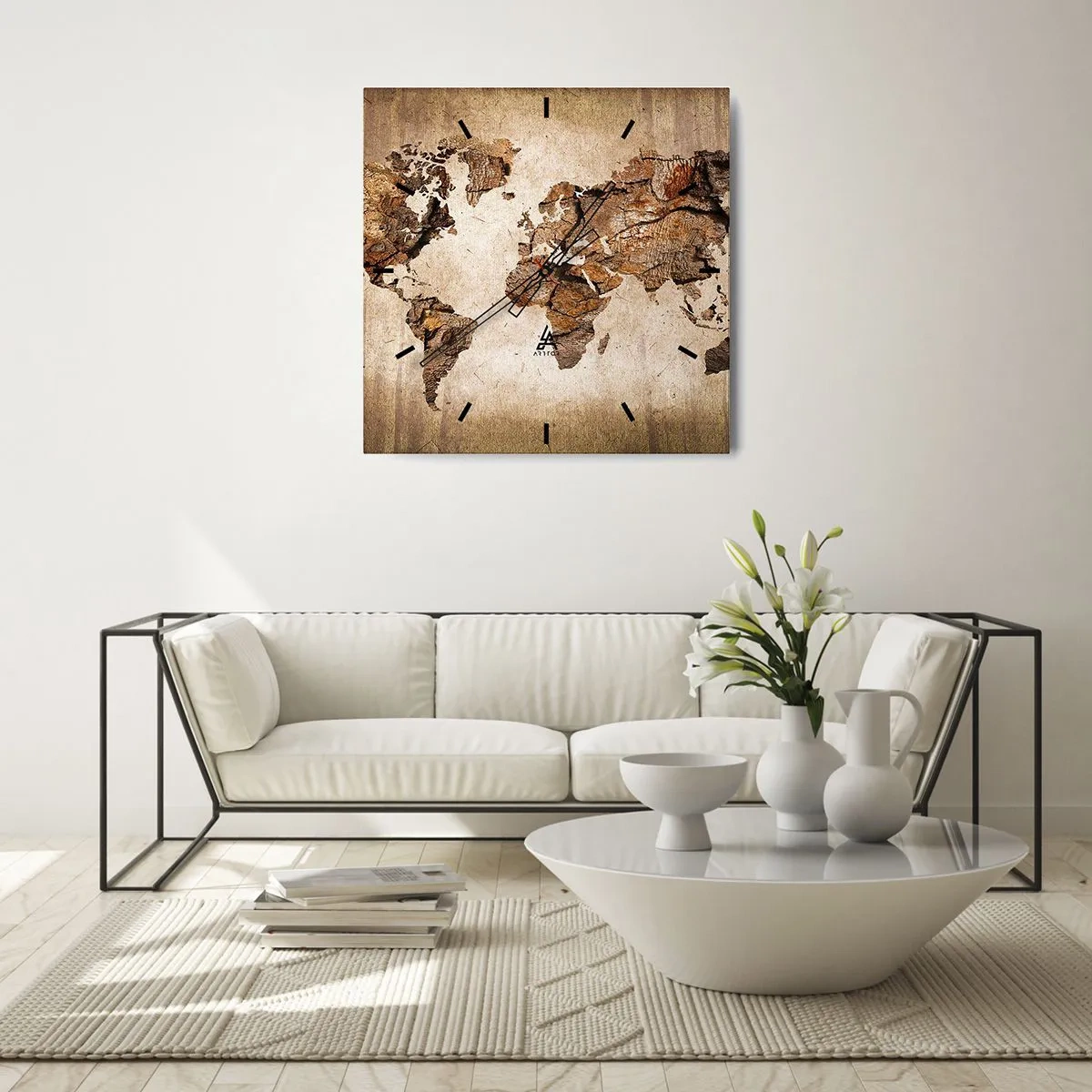 Wanduhr - Glasuhr - Eine Weltkarte im rustikalen Holzstil - 30x30cm - Entdeckung der Welt - Moderne Wanddekoration für Wohnzimmer und Schlafzimmer ARTTOR