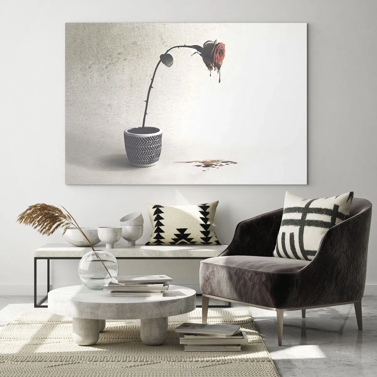 Glasbild - Bild auf glas - Eine symbolische Rose in einem Topf mit tropfender Farbe - 120x80cm - Rosa dolorosa - Moderne Wanddekoration für Wohnzimmer und Schlafzimmer ARTTOR