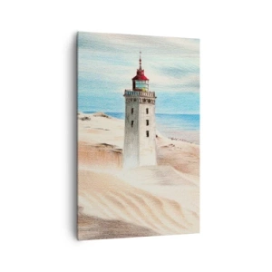 Bild auf Leinwand - Leinwandbild - Ein Leuchtturm, umgeben von Sanddünen und blauem Himmel - 80x120cm - Immer aufs Meer starrend - Moderne Wanddekoration für Wohnzimmer und Schlafzimmer ARTTOR