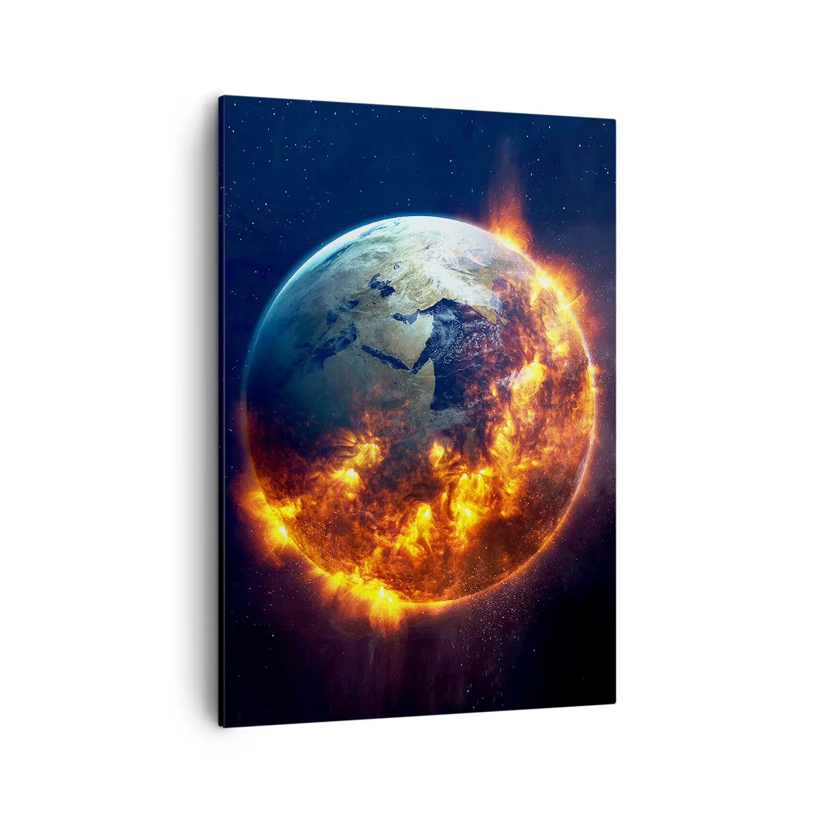 Bild auf Leinwand - Leinwandbild - Der Planet Erde brennt im Weltraum - 50x70cm - Die Flamme der Apokalypse - Moderne Wanddekoration für Wohnzimmer und Schlafzimmer ARTTOR