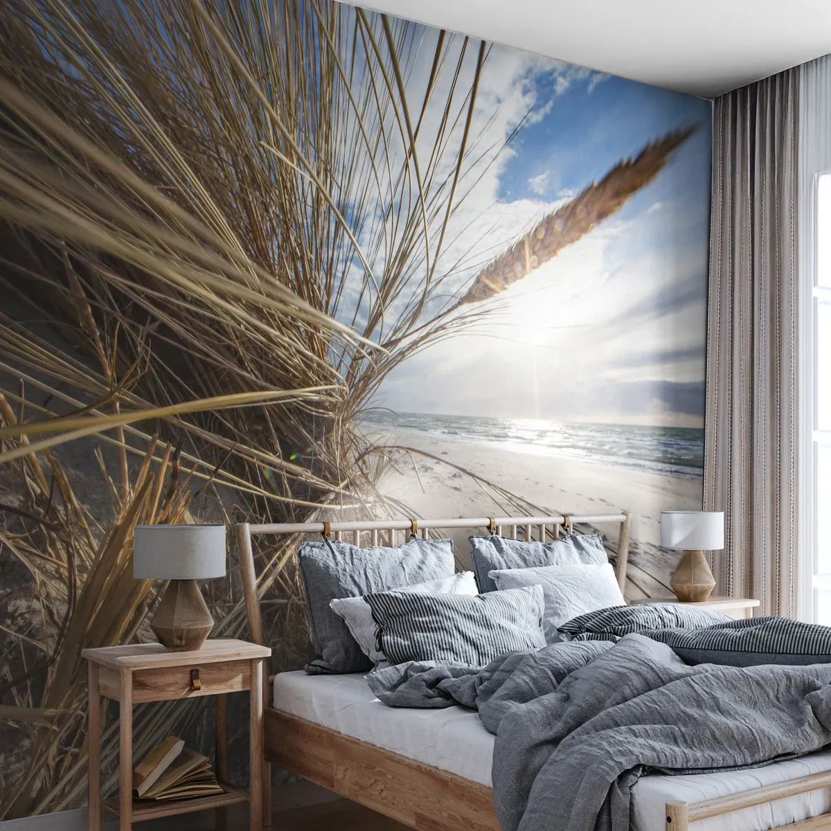 Fototapete Premium Canvas - Ein Strand mit trockenem Gras auf den Dünen und Blick auf das Meer - 100x70cm - Ein Treffen der Elemente der Natur - Moderne Wanddekoration für Wohnzimmer und Schlafzimmer ARTTOR