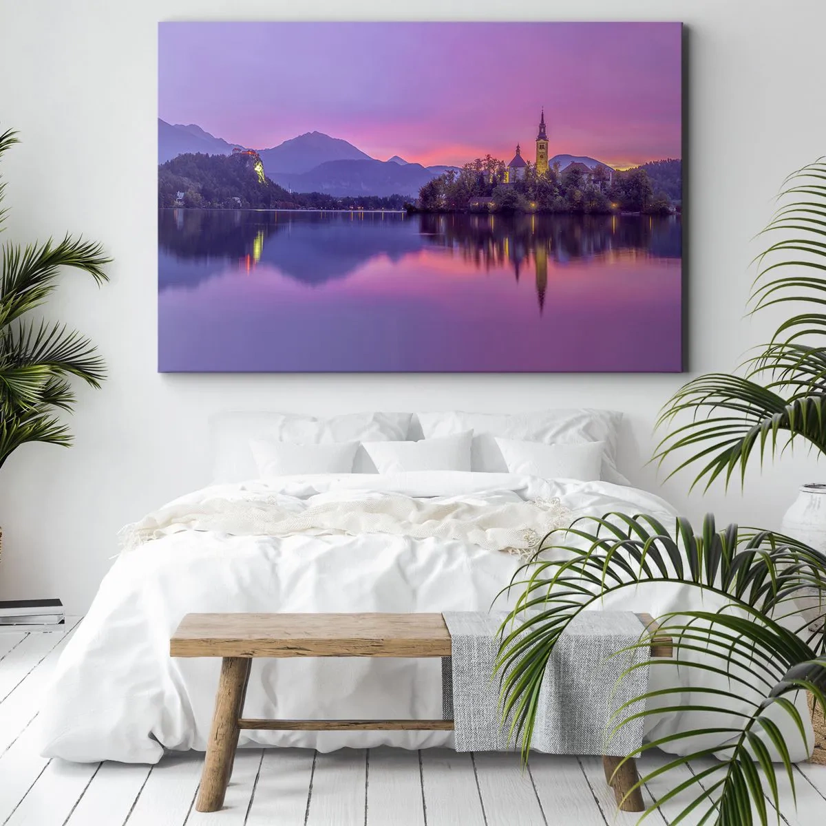 Bild auf Leinwand - Leinwandbild - See mit einer Insel und einer Kirche bei Sonnenuntergang - 120x80cm - Eine märchenhafte Insel in der Abenddämmerung - Moderne Wanddekoration für Wohnzimmer und Schlafzimmer ARTTOR
