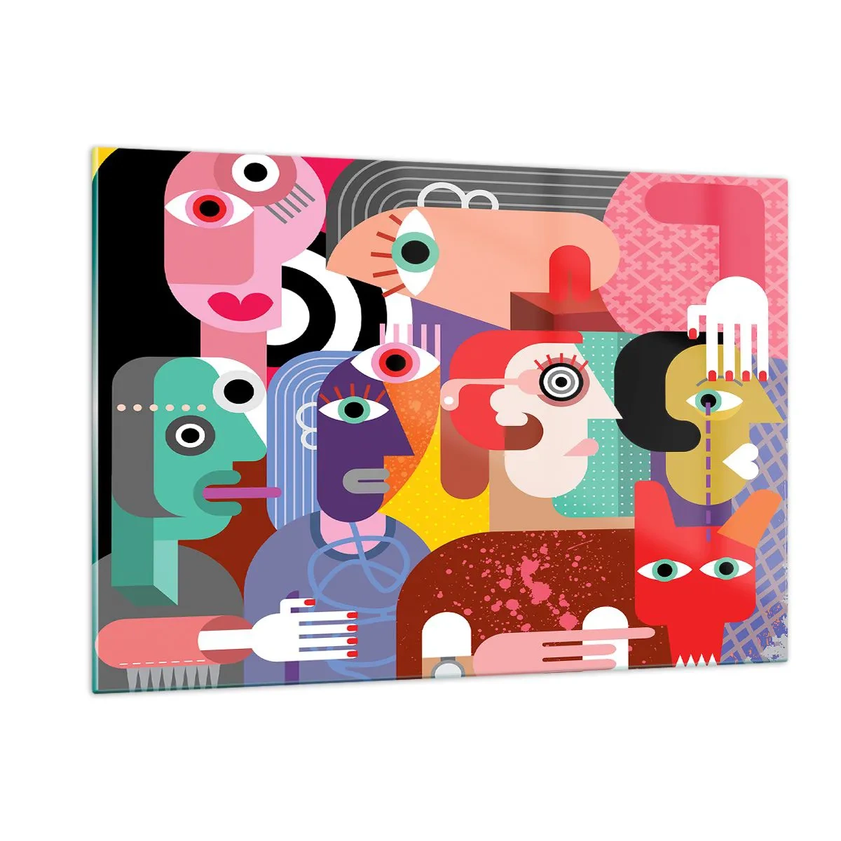 Glasbild - Bild auf glas - Abstrakte Komposition von Gesichtern in lebendigen Farben - 120x80cm - Wir sind von Herrn Picasso - Moderne Wanddekoration für Wohnzimmer und Schlafzimmer ARTTOR