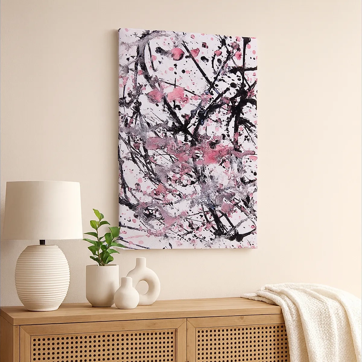 Bild auf Leinwand - Leinwandbild - Abstraktes Muster in Rosa-, Schwarz- und Weißtönen - 50x70cm - Die Flüchtigkeit des Lebens - Moderne Wanddekoration für Wohnzimmer und Schlafzimmer ARTTOR