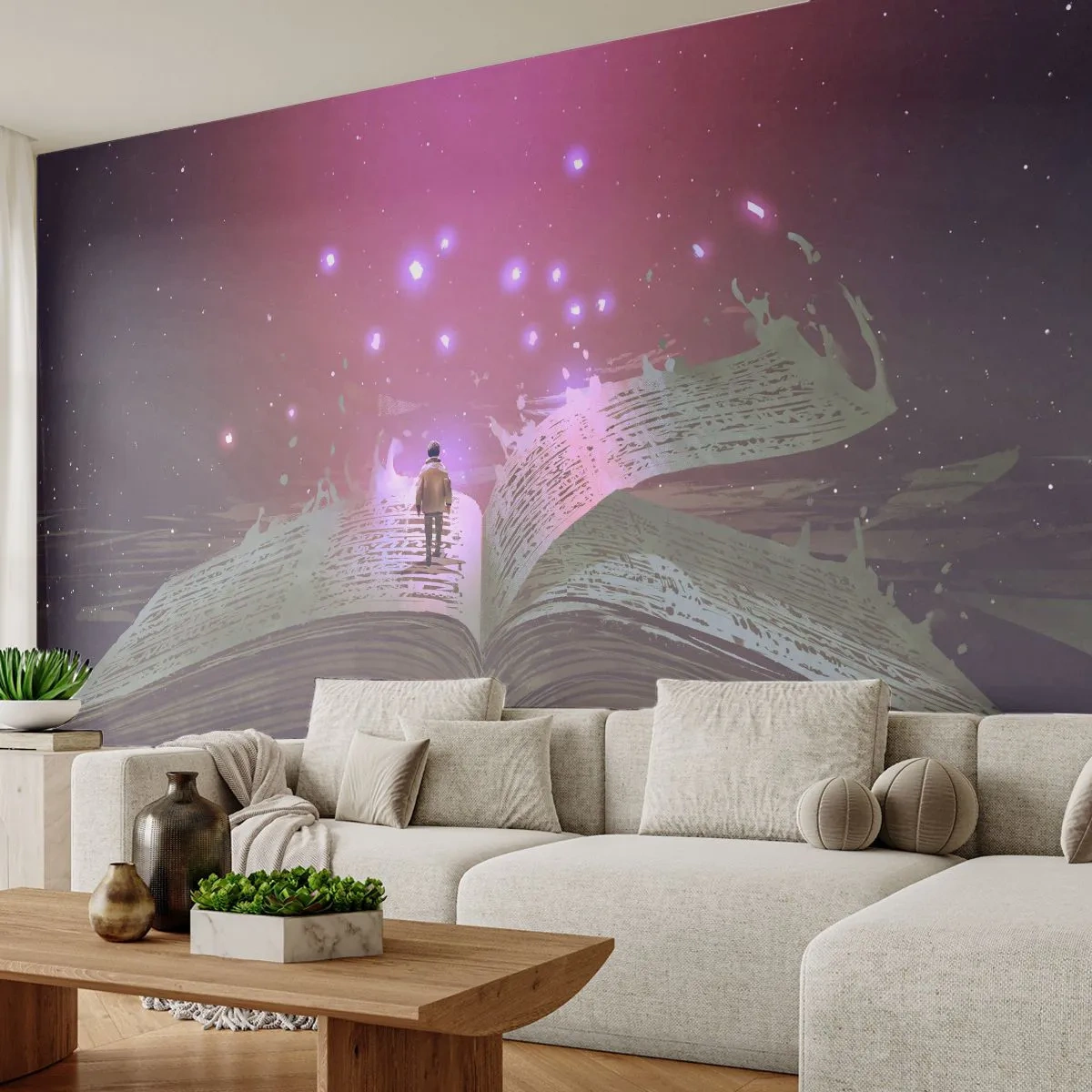 Fototapete Standard Eco - Eine magische Illustration eines Mannes, der auf einem offenen Buch läuft - 100x70cm - Einladung in eine andere Welt - lesen Sie! - Moderne Wanddekoration für Wohnzimmer und Schlafzimmer ARTTOR