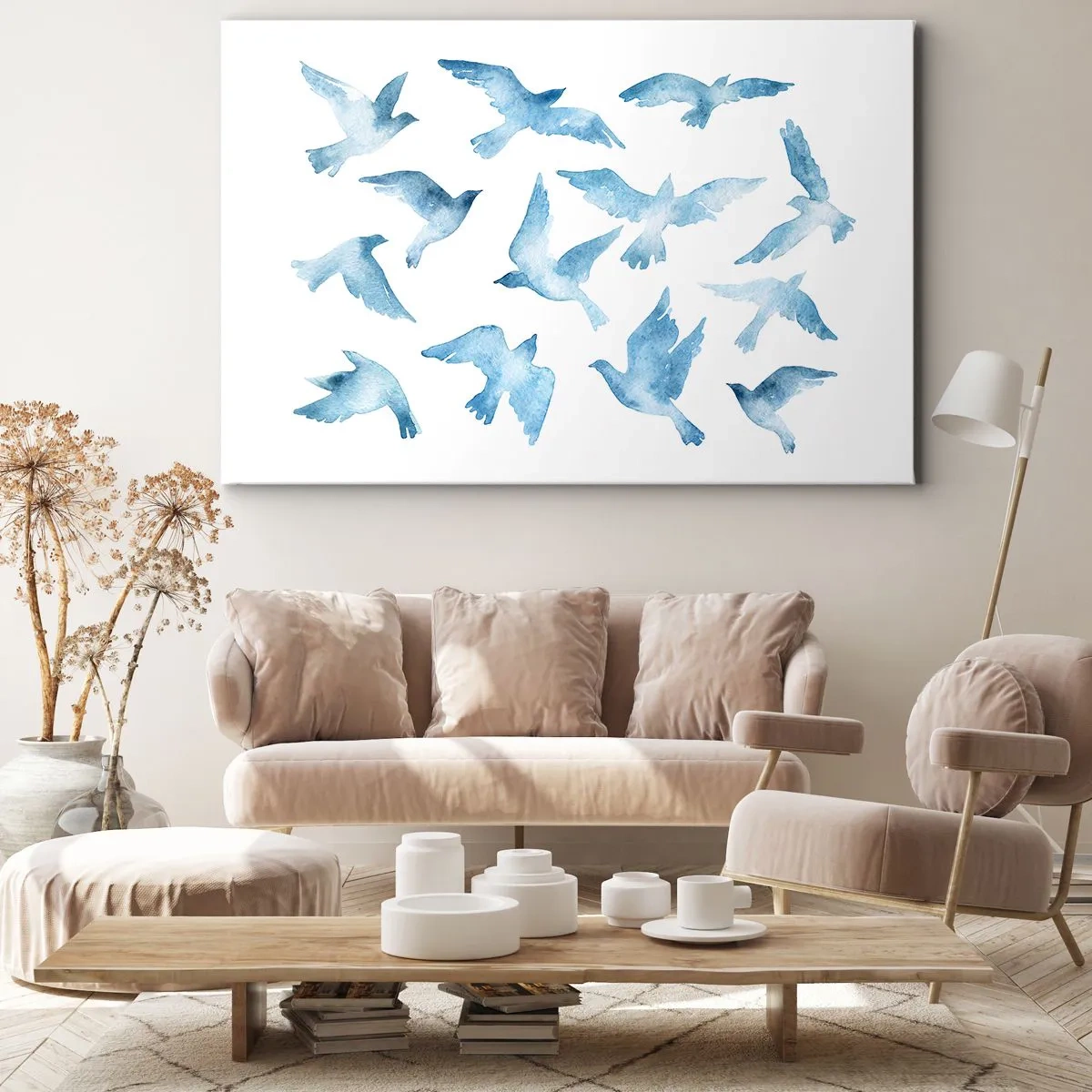 Bild auf Leinwand - Leinwandbild - Ein subtiles Aquarell, das fliegende Vögel darstellt - 70x50cm - Blaue Vögel - Moderne Wanddekoration für Wohnzimmer und Schlafzimmer ARTTOR