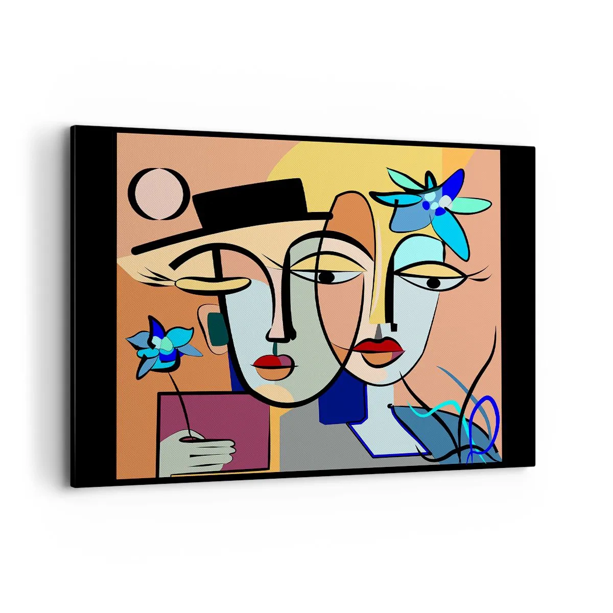 Bild auf Leinwand - Leinwandbild - Kubistische Porträts in leuchtenden Farben mit floralem Motiv - 120x80cm - Picassos randez vous - Moderne Wanddekoration für Wohnzimmer und Schlafzimmer ARTTOR