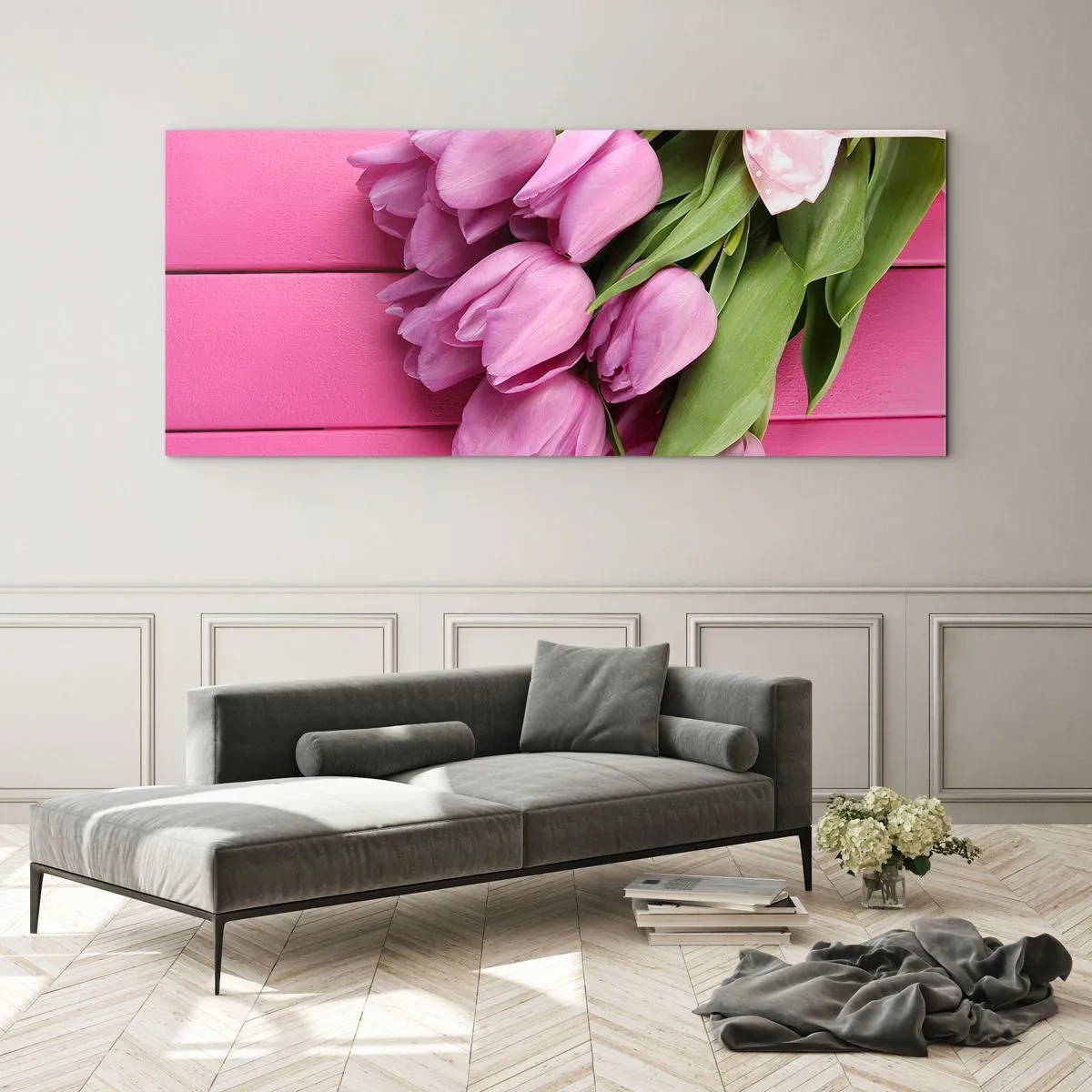 Glasbild - Bild auf glas - Ein Strauß rosa Tulpen mit Schleife auf rosa Hintergrund - 140x50cm - Nur für dich - Moderne Wanddekoration für Wohnzimmer und Schlafzimmer ARTTOR