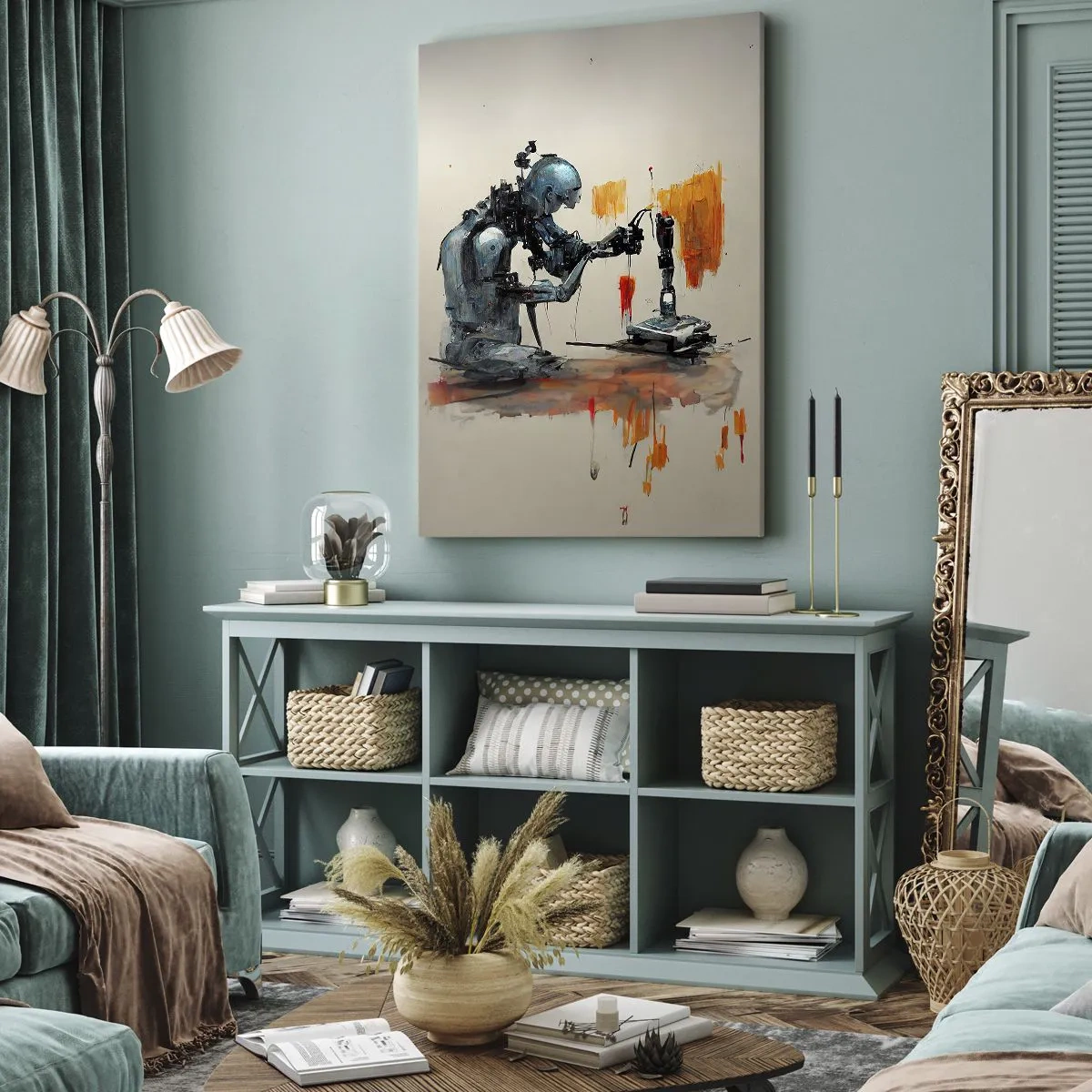 Bild auf Leinwand - Leinwandbild - Roboter bei der Arbeit mit abstraktem Hintergrund - 70x100cm - Schon morgen… - Moderne Wanddekoration für Wohnzimmer und Schlafzimmer ARTTOR