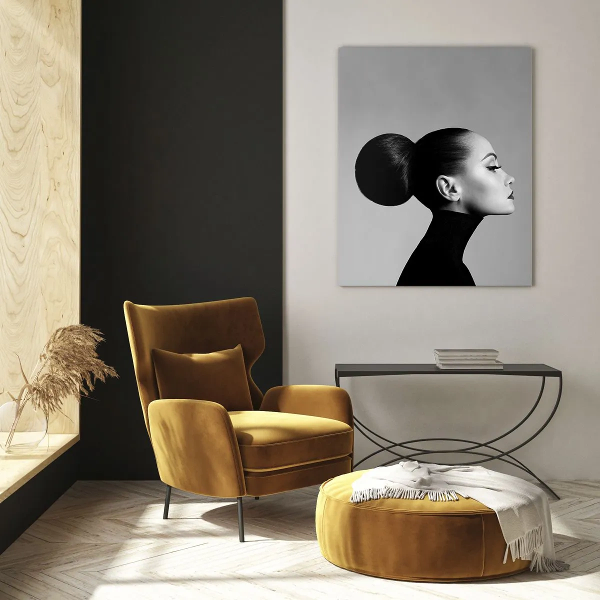 Glasbild - Bild auf glas - Profil einer Frau in Schwarz-Weiß mit einem eleganten Dutt - 80x120cm - Moderne Nofretete - Moderne Wanddekoration für Wohnzimmer und Schlafzimmer ARTTOR