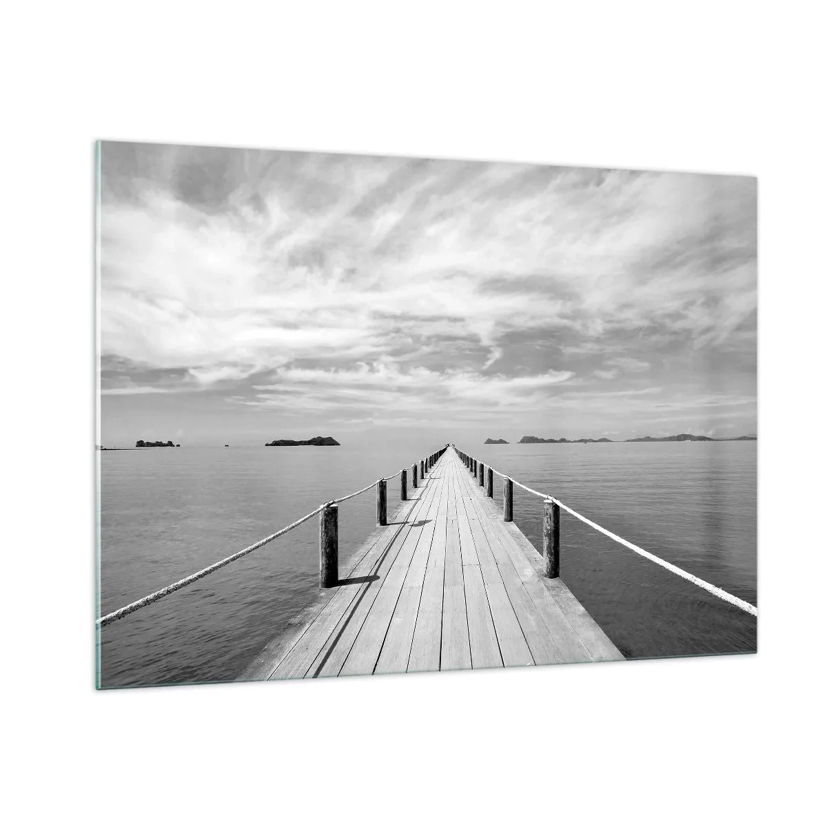 Glasbild - Bild auf glas - Ein Holzsteg, der über ein ruhiges Meer in die Ferne führt - 100x70cm - Oder vielleicht eine Reise ... - Moderne Wanddekoration für Wohnzimmer und Schlafzimmer ARTTOR