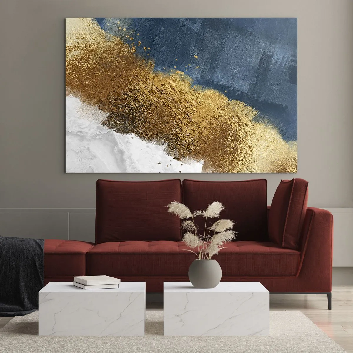 Glasbild - Bild auf glas - Goldene Pinselstriche auf marineblauem und weißem Hintergrund - 70x50cm - Farben des Sommers - Moderne Wanddekoration für Wohnzimmer und Schlafzimmer ARTTOR