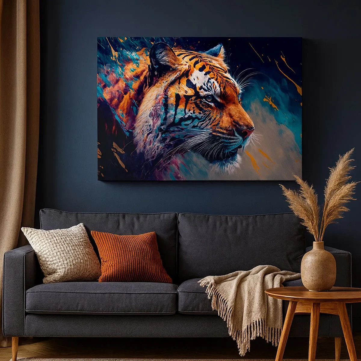 Bild auf Leinwand - Leinwandbild - Portrait eines Tigers in dynamischen, abstrakten Farben - 70x50cm - Wilde Schönheit - Moderne Wanddekoration für Wohnzimmer und Schlafzimmer ARTTOR