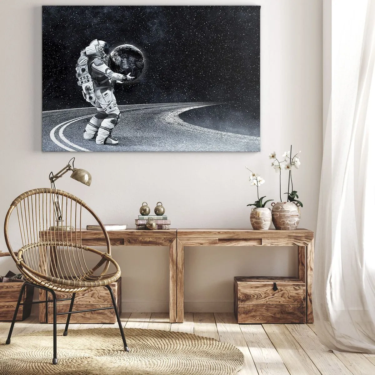 Bild auf Leinwand - Leinwandbild - Astronaut mit Erde vor dem Sternenhimmel - 120x80cm - Auf der Milchstraße - Moderne Wanddekoration für Wohnzimmer und Schlafzimmer ARTTOR
