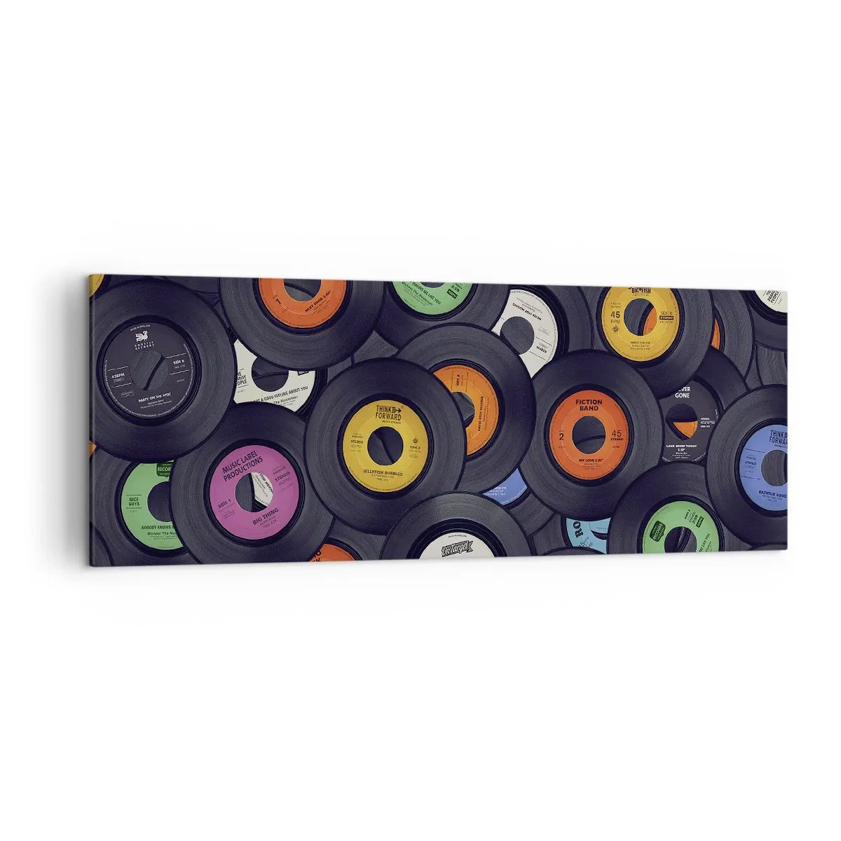 Bild auf Leinwand - Leinwandbild - Bunte Vinyls übereinander gestapelt - 140x50cm - Farben der Klassiker - Moderne Wanddekoration für Wohnzimmer und Schlafzimmer ARTTOR