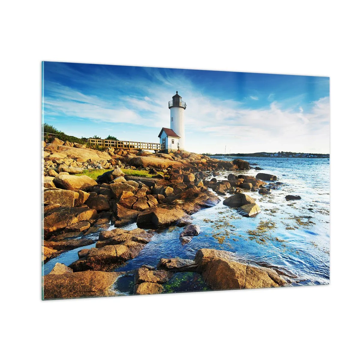 Glasbild - Bild auf glas - Ein Leuchtturm an einer felsigen Küste an einem sonnigen Tag - 100x70cm - Komm glücklich zurück, ich warte - Moderne Wanddekoration für Wohnzimmer und Schlafzimmer ARTTOR