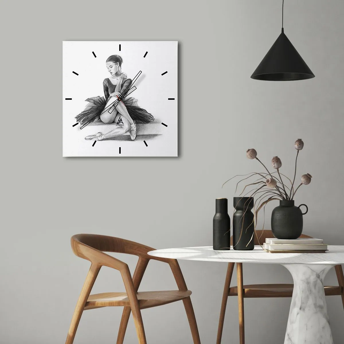 Wanduhr - Glasuhr - Eine Skizze einer Ballerina im dezenten, klassischen Stil - 30x30cm - Vom Tanz verzaubert - Moderne Wanddekoration für Wohnzimmer und Schlafzimmer ARTTOR