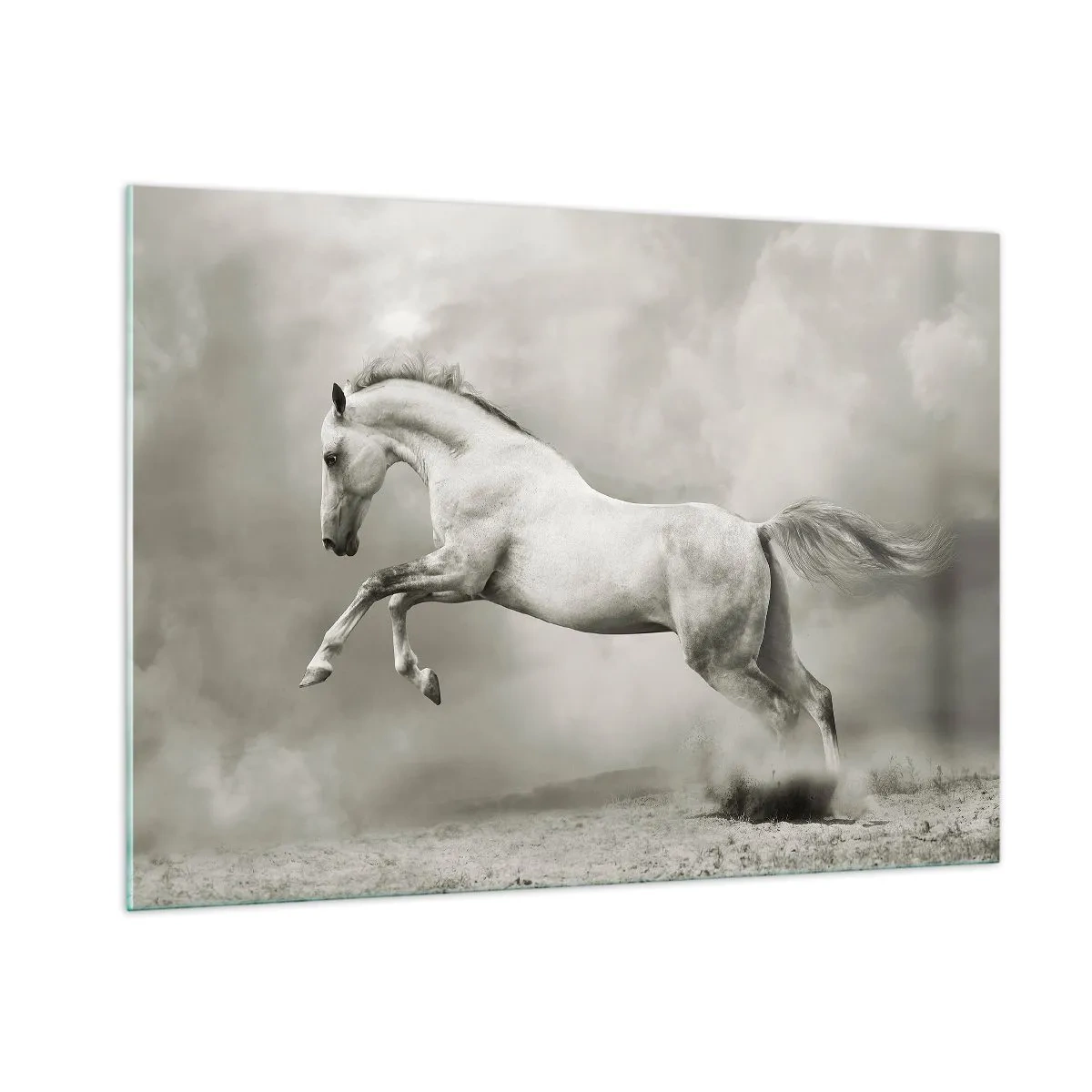 Glasbild - Bild auf glas - Ein weißes Pferd springt gegen die Wolken - 100x70cm - Zwischen Aufwachen und Schlafen - Moderne Wanddekoration für Wohnzimmer und Schlafzimmer ARTTOR