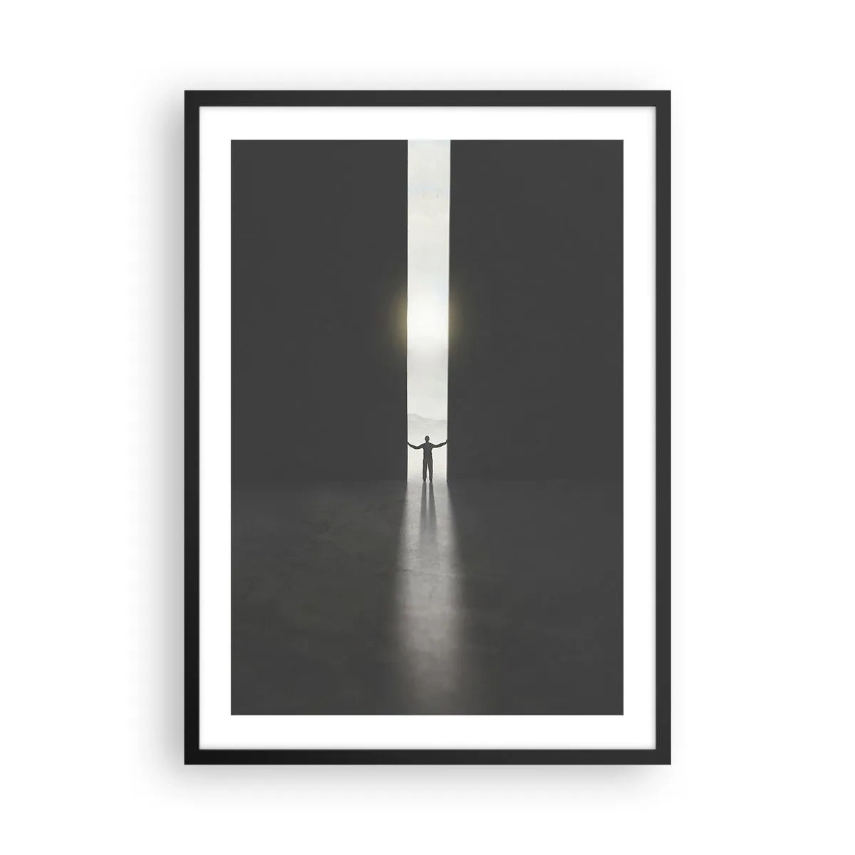 Poster in einem schwarzem Rahmen - Ein Mann steht im Licht eines Risses in einer dunklen Umgebung - 50x70cm - Ein Schritt in eine strahlende Zukunft - Moderne Wanddekoration für Wohnzimmer und Schlafzimmer ARTTOR