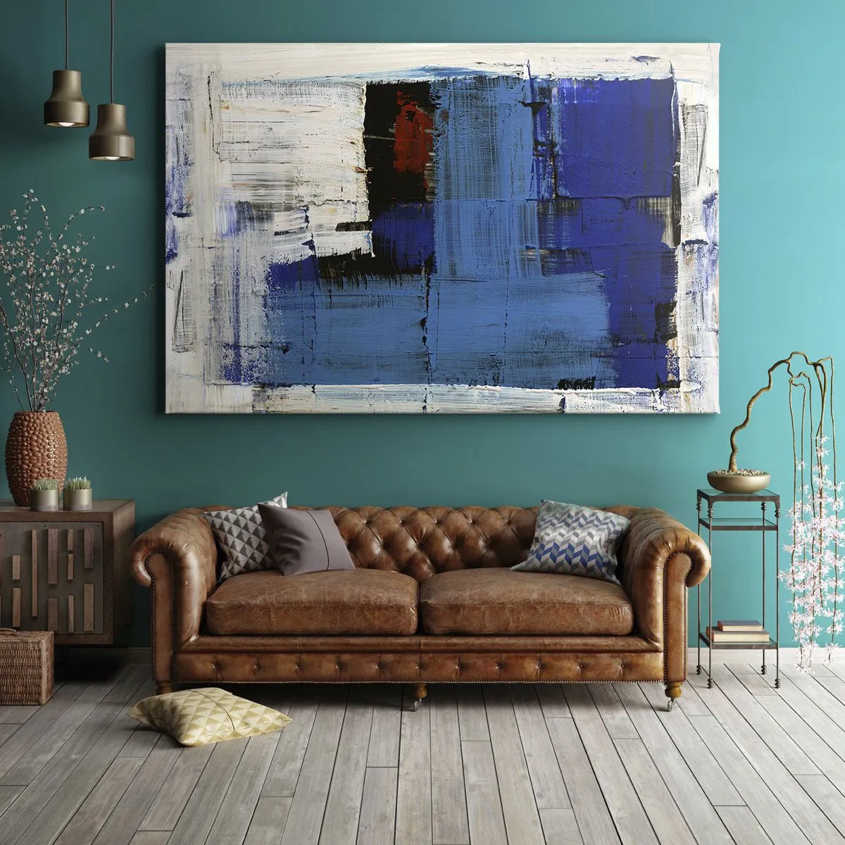 Bild auf Leinwand - Leinwandbild - Abstrakte Komposition in Blau- und Weißtönen - 100x70cm - Geheimnis ist blau - Moderne Wanddekoration für Wohnzimmer und Schlafzimmer ARTTOR