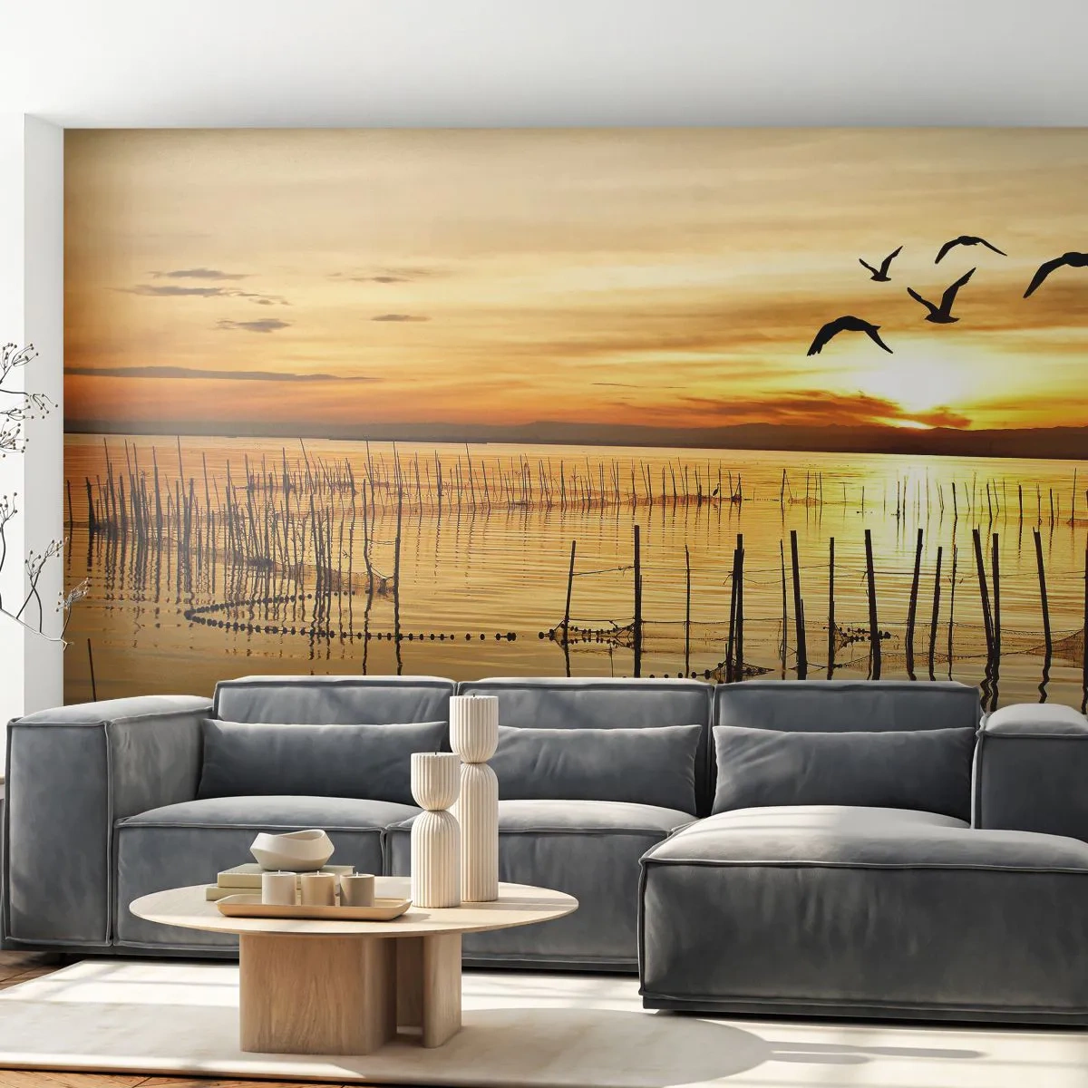 Fototapete Premium Canvas - In der Fischerei - Landschaft, See, Fischernetz - 200x140 cm