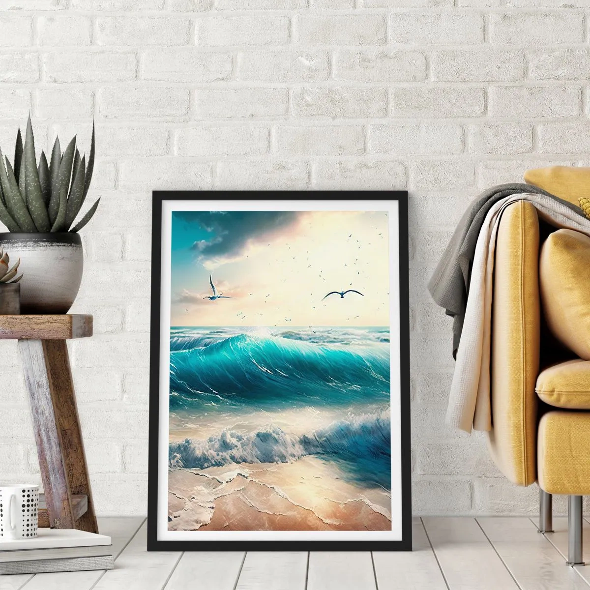 Poster in einem schwarzem Rahmen - Türkisfarbene Wellen brechen an der Küste - 50x70cm - Es summt nur für dich - Moderne Wanddekoration für Wohnzimmer und Schlafzimmer ARTTOR