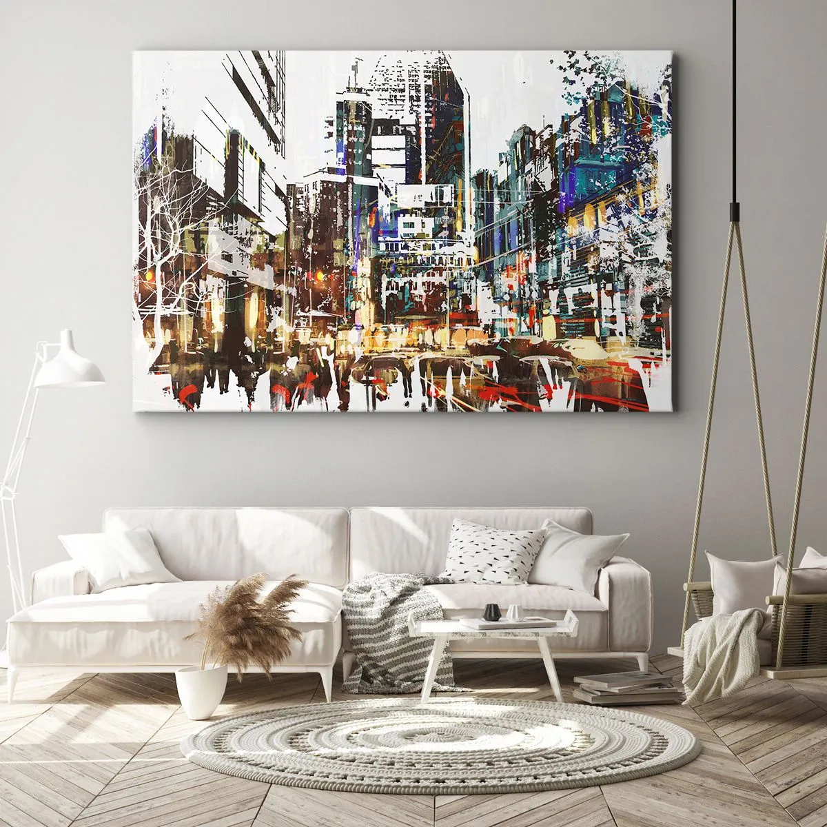 Bild auf Leinwand - Leinwandbild - Eine moderne Stadtlandschaft im künstlerischen Stil - 70x50cm - Eine schillernde Stadt - Moderne Wanddekoration für Wohnzimmer und Schlafzimmer ARTTOR