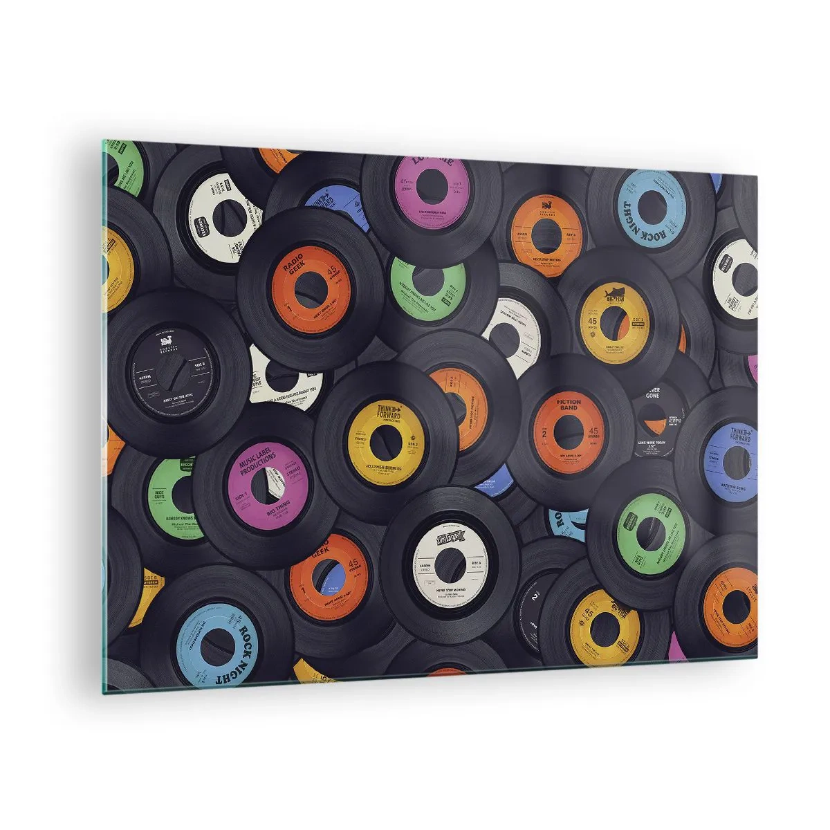 Glasbild - Bild auf glas - Bunte Vinyl-Schallplatten auf schwarzem Hintergrund - 70x50cm - Farben der Klassiker - Moderne Wanddekoration für Wohnzimmer und Schlafzimmer ARTTOR