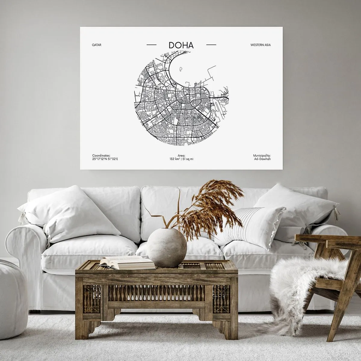 Poster - Eine minimalistische Karte von Doha in Schwarzweiß mit präzisen Details. - 100x70cm - Anatomie von Doha - Moderne Wanddekoration für Wohnzimmer und Schlafzimmer ARTTOR