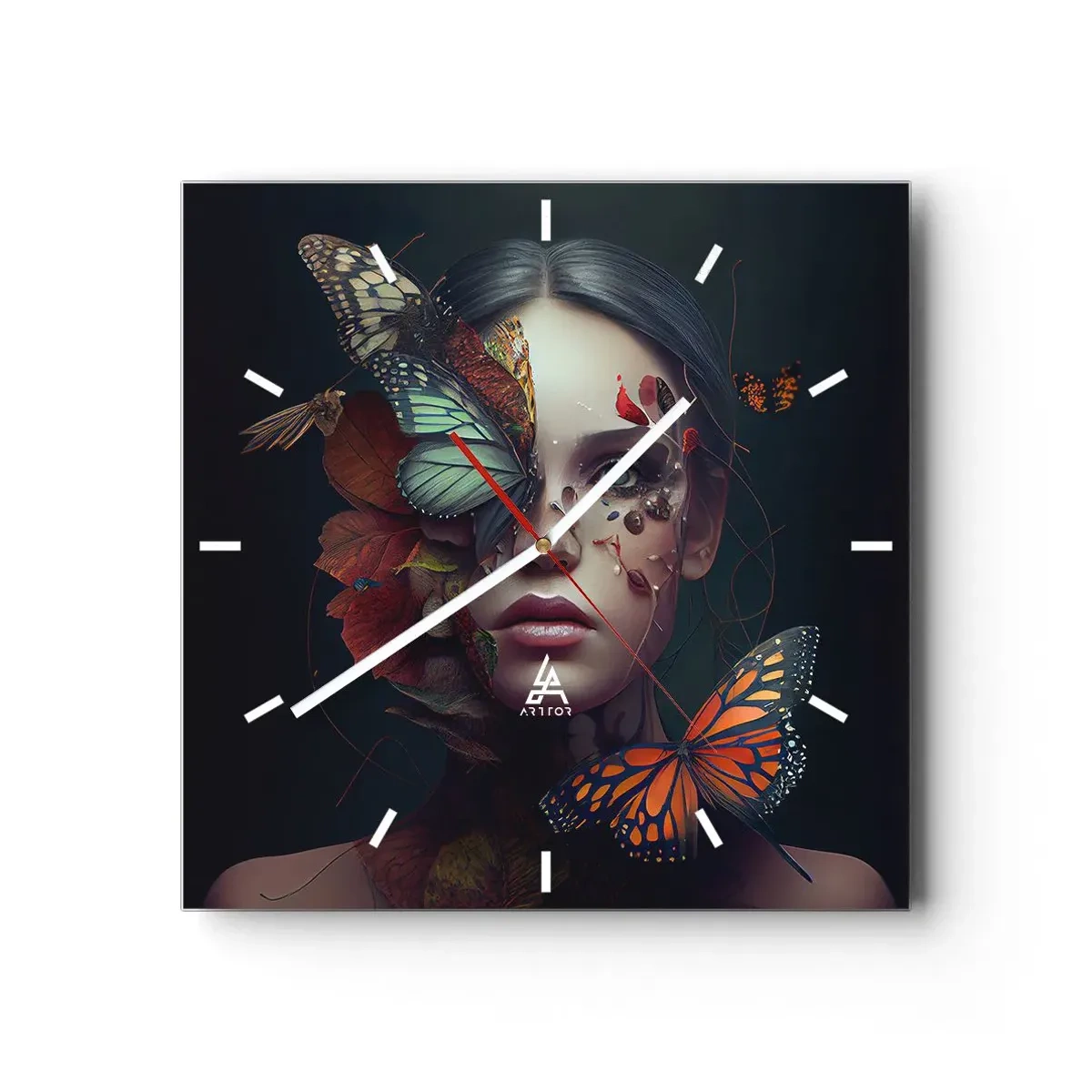Wanduhr - Glasuhr - Porträt einer Frau mit Schmetterlingen und Pflanzenelementen - 30x30cm - Wunderbare Metamorphose - Moderne Wanddekoration für Wohnzimmer und Schlafzimmer ARTTOR