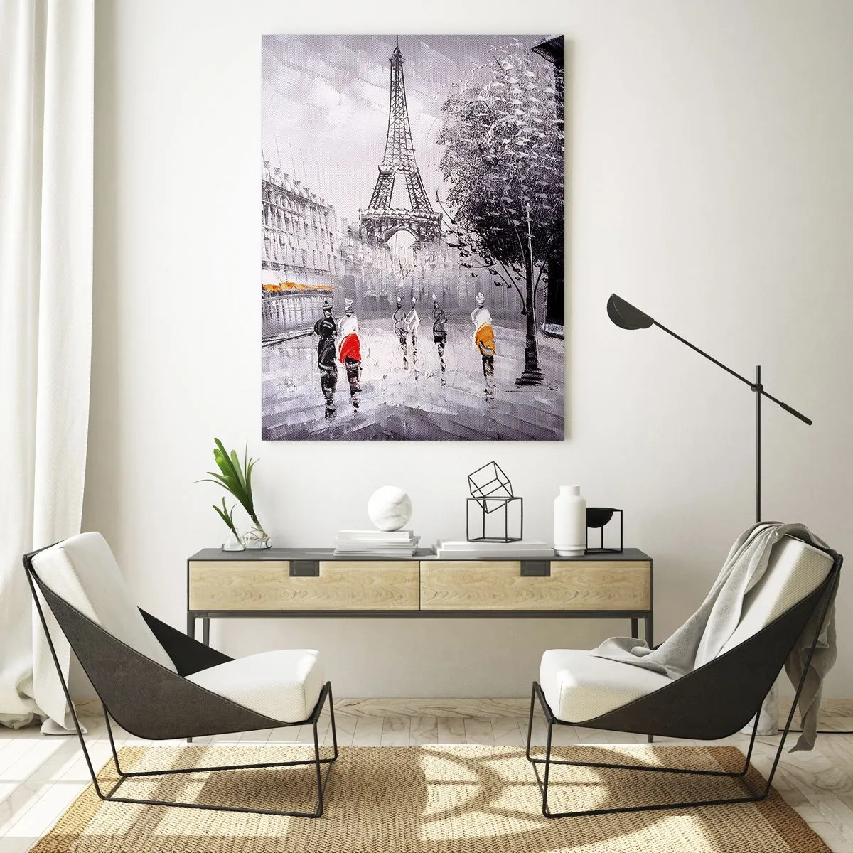 Glasbild - Bild auf glas - Ein Blick auf den Eiffelturm in einer monochromen Umgebung mit Farbakzenten - 70x100cm - Pariser Spaziergang - Moderne Wanddekoration für Wohnzimmer und Schlafzimmer ARTTOR