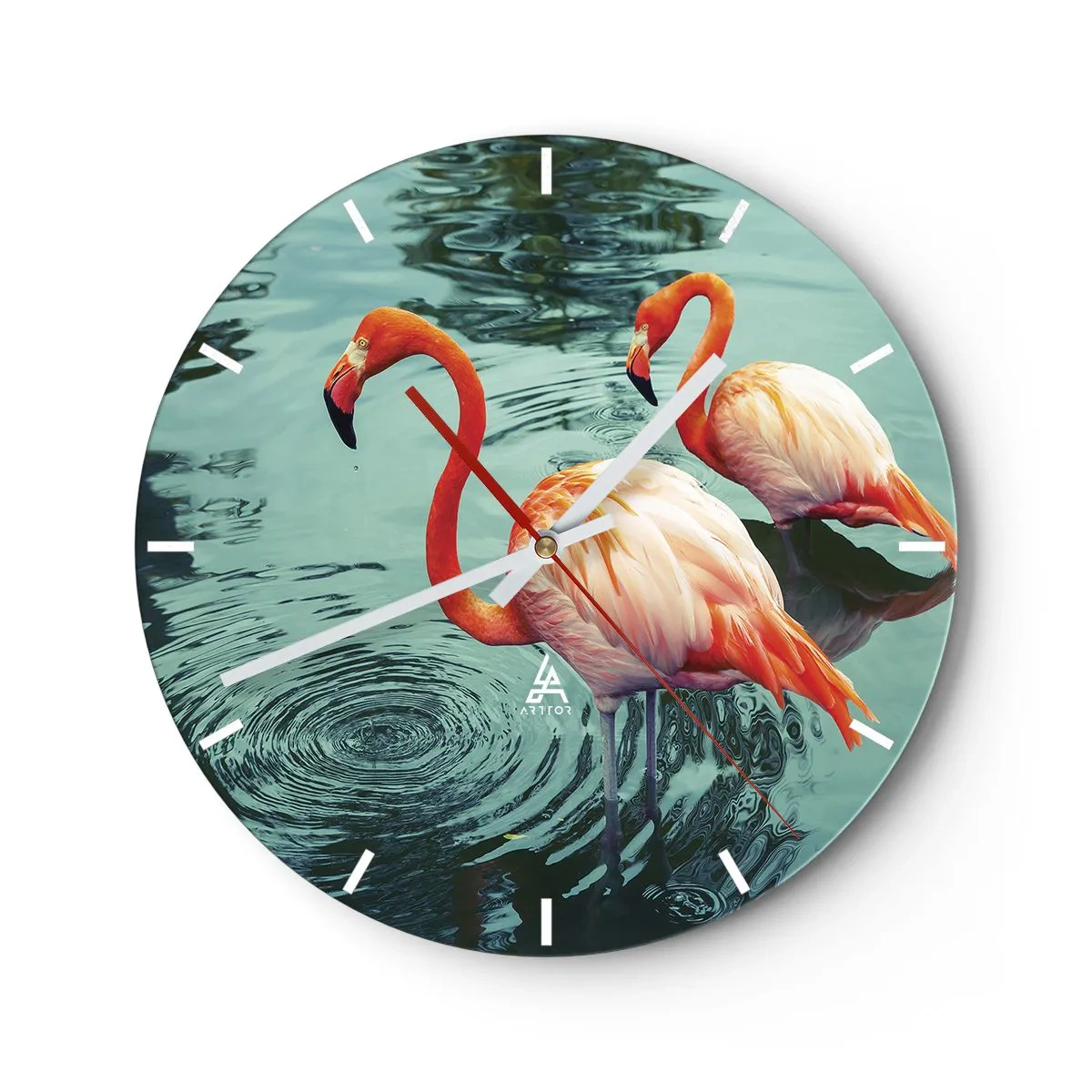 Wanduhr - Glasuhr - Zwei Flamingos auf dem Wasser mit ihrem Spiegelbild in der ruhigen Oberfläche - 30x30cm - Wir sind jetzt in Mode - Moderne Wanddekoration für Wohnzimmer, Küche und Schlafzimmer ARTTOR