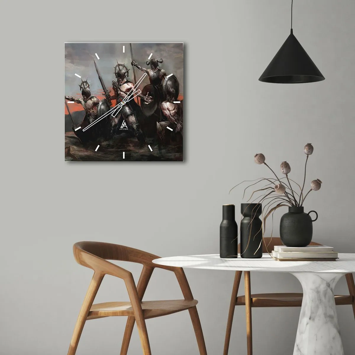 Wanduhr - Glasuhr - Eine Gruppe von Kriegern in Rüstung mit Speeren vor dem Hintergrund des Sonnenuntergangs - 30x30cm - Mit oder auf einem Schild - Moderne Wanddekoration für Wohnzimmer und Schlafzimmer ARTTOR
