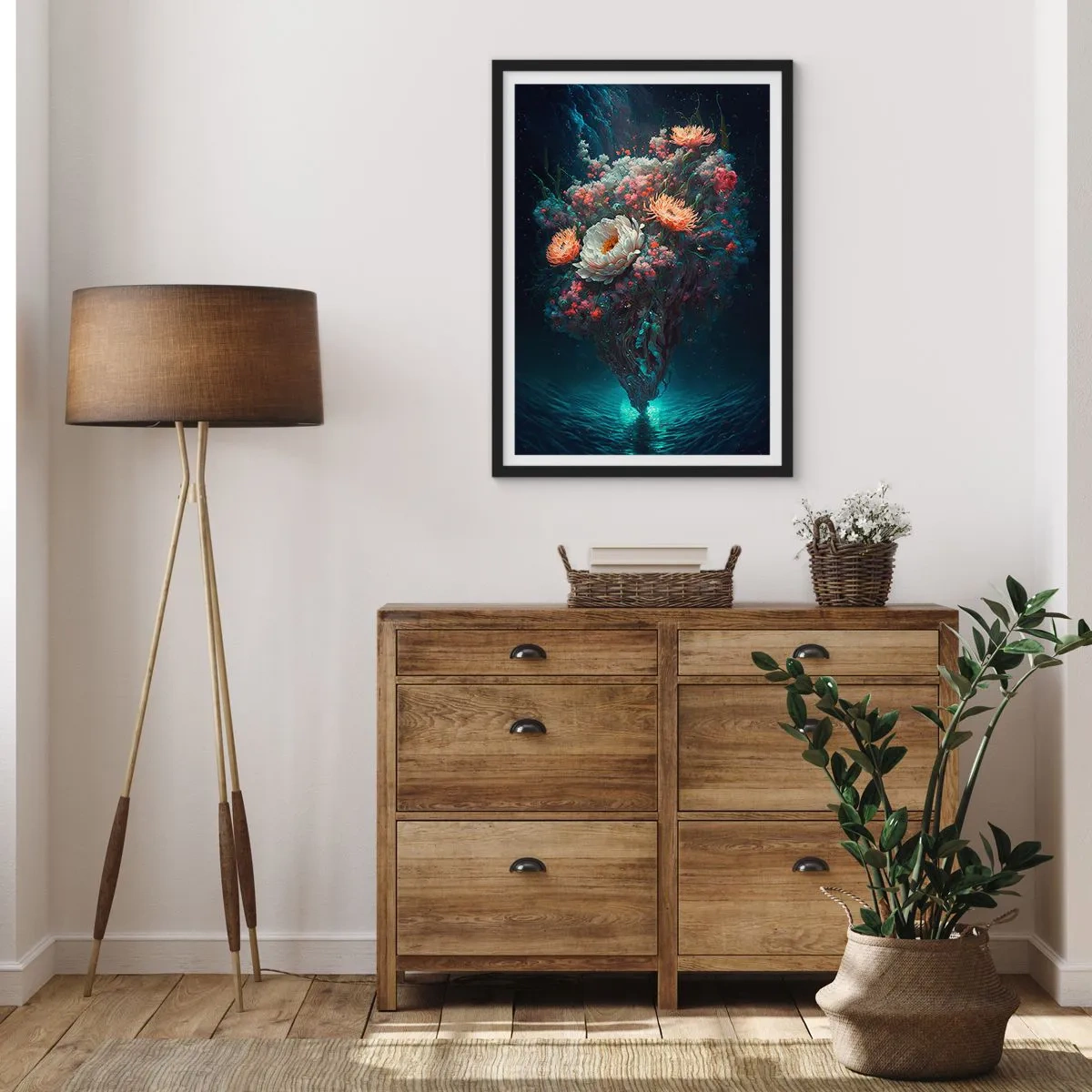 Poster in einem schwarzem Rahmen - Ein zauberhaftes Blumenarrangement, das über dem Wasser schwebt - 50x70cm - Seltsamer Garten - Moderne Wanddekoration für Wohnzimmer und Schlafzimmer ARTTOR