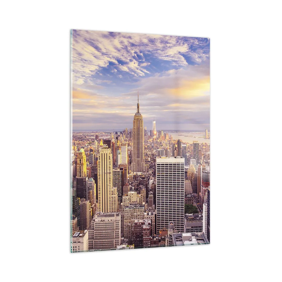 Glasbild - Bild auf glas - Stadtpanorama mit Wolkenkratzern bei Sonnenuntergang - 50x70cm - Nur nach den Wolken greifen - Moderne Wanddekoration für Wohnzimmer und Schlafzimmer ARTTOR