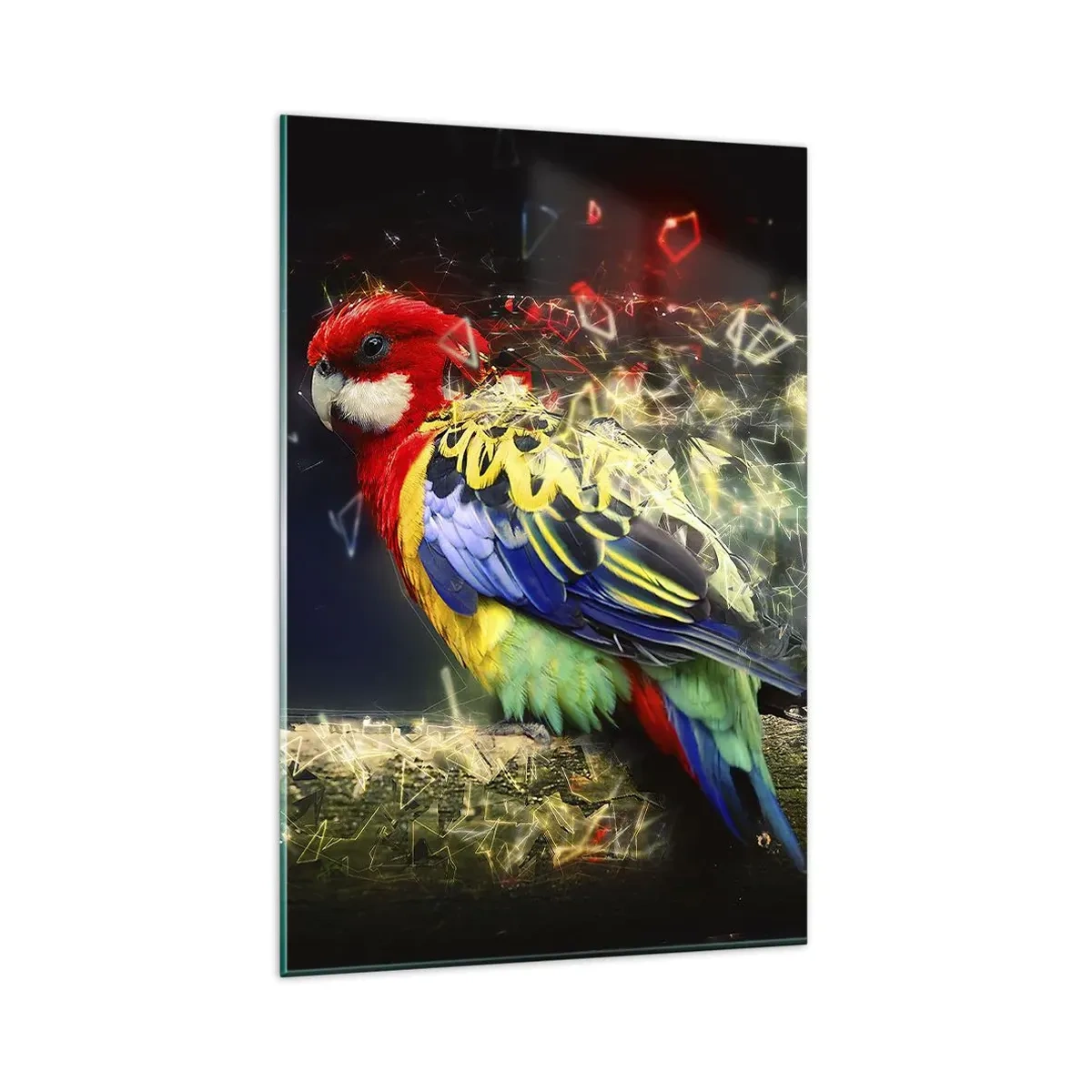 Glasbild - Bild auf glas - Ein Papagei in leuchtenden Farben vor einem Hintergrund aus Lichteffekten - 80x120cm - Botschafter des Strahlens - Moderne Wanddekoration für Wohnzimmer und Schlafzimmer ARTTOR