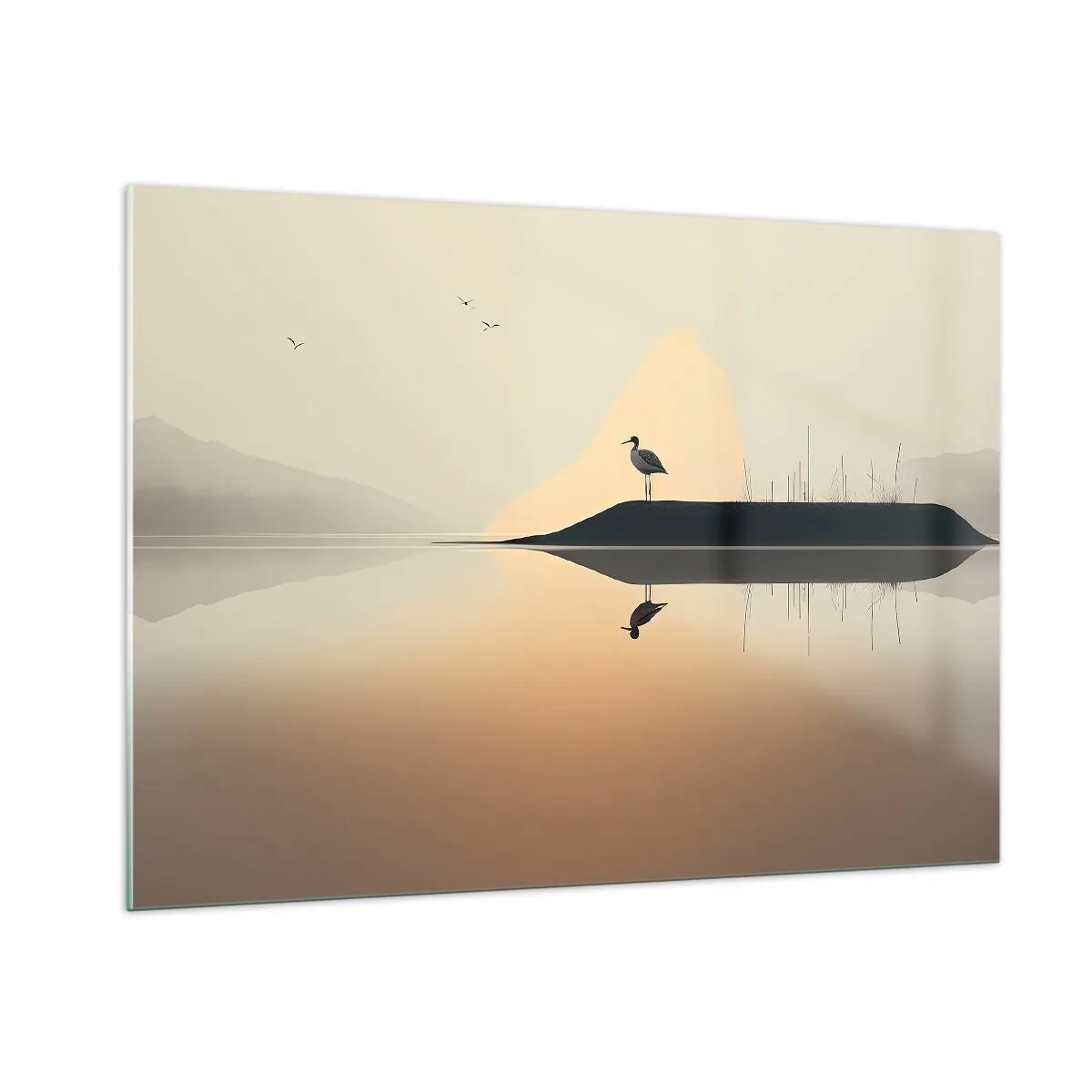 Glasbild - Bild auf glas - Ein Reiher steht auf einer Insel im ruhigen Wasser eines Sees - 100x70cm - Herr am See - Moderne Wanddekoration für Wohnzimmer und Schlafzimmer ARTTOR