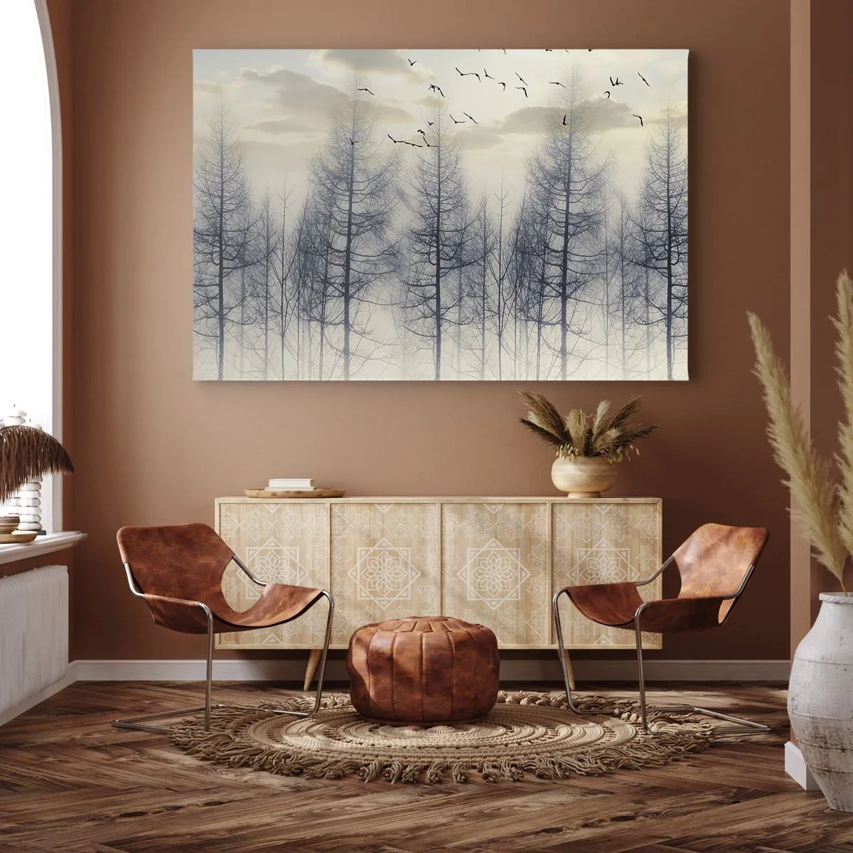 Bild auf Leinwand - Leinwandbild - Nebliger Wald mit Vögeln vor dem Sonnenuntergangshimmel - 100x70cm - Waldgeister - Moderne Wanddekoration für Wohnzimmer und Schlafzimmer ARTTOR