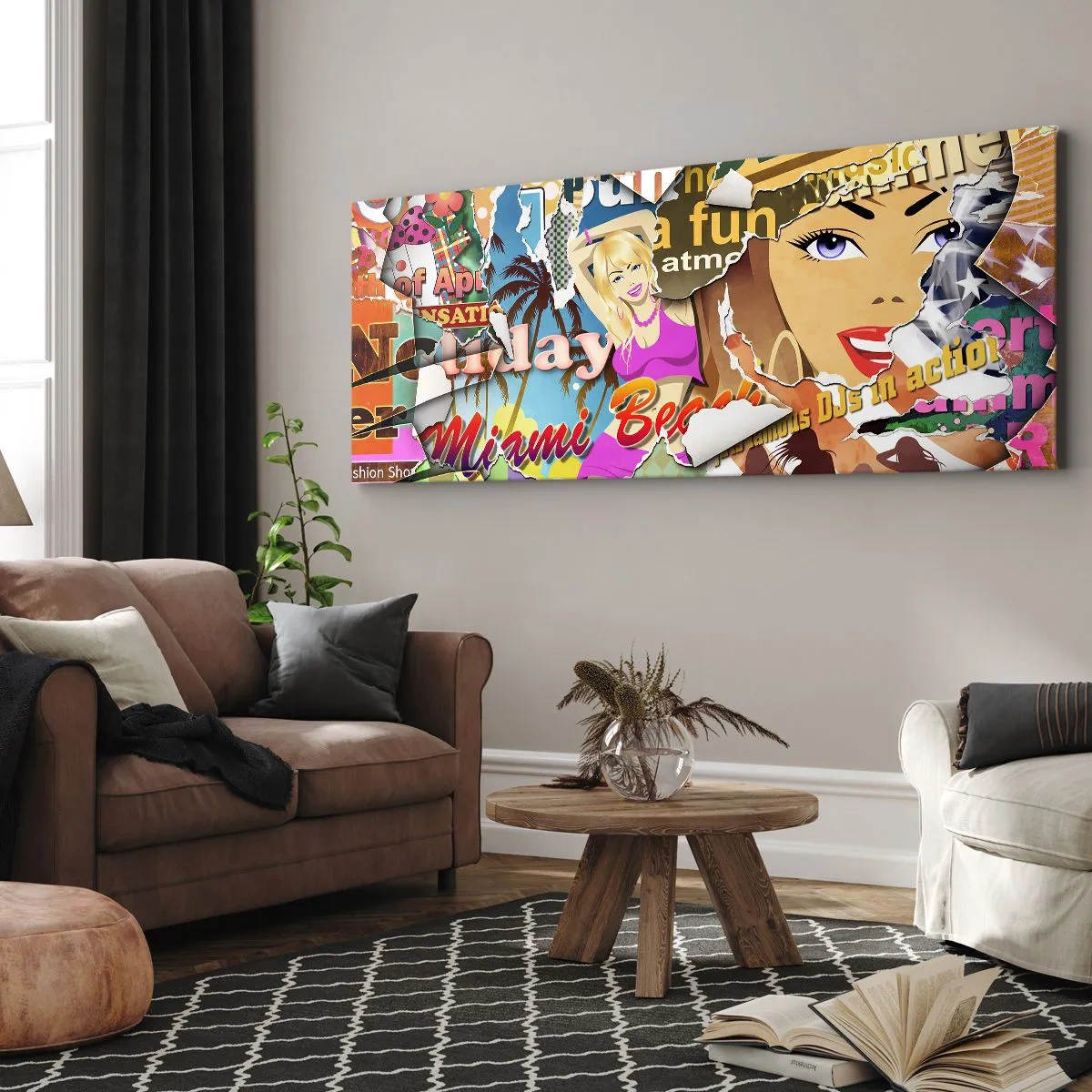 Bild auf Leinwand - Leinwandbild - Eine farbenfrohe Collage mit Retro- und Pop-Art-Elementen. - 160x50cm - Sommer Rückblicke - Moderne Wanddekoration für Wohnzimmer und Schlafzimmer ARTTOR