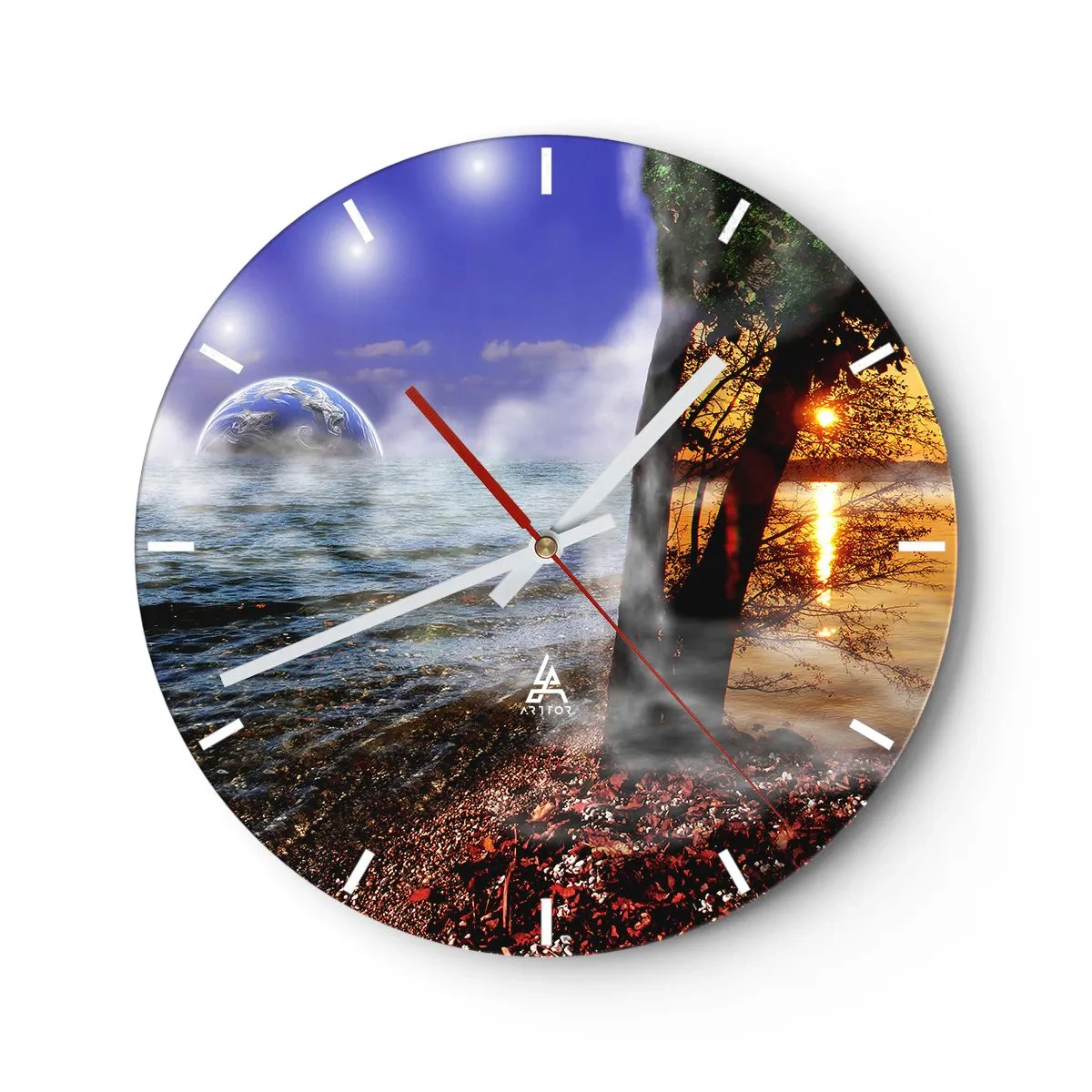Wanduhr - Glasuhr - Surreale Landschaft - Einheit der Natur - 40x40 cm