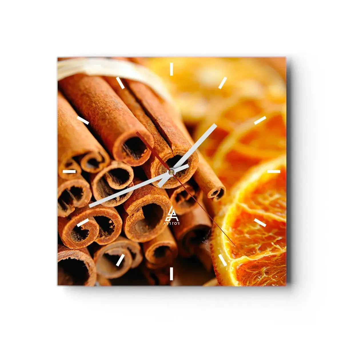 Wanduhr - Glasuhr - Zimtstangen mit getrockneten Orangenscheiben in warmen Farben - 30x30cm - Kannst du ihr Aroma riechen? - Moderne Wanddekoration für Wohnzimmer und Schlafzimmer ARTTOR