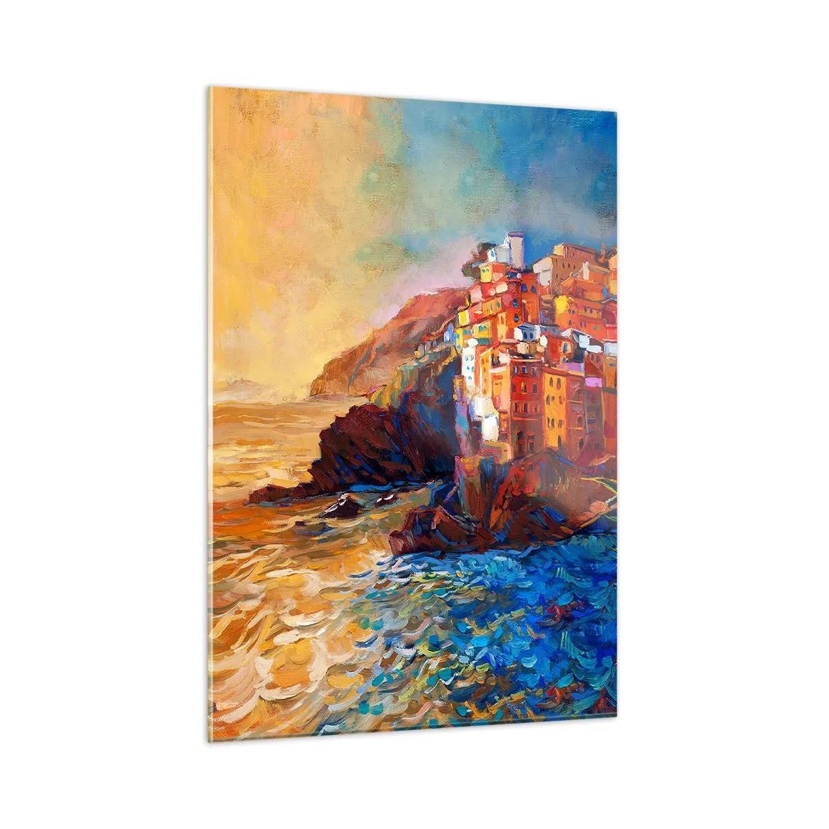 Glasbild - Bild auf glas - Eine farbenfrohe Stadt auf einer Klippe mit Blick auf das Meer - 50x70cm - Italienische Atmosphäre - Moderne Wanddekoration für Wohnzimmer und Schlafzimmer ARTTOR