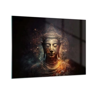 Glasbild - Bild auf glas - Eine goldene Buddhafigur auf dunklem Hintergrund mit Ornamenten - 70x50cm - Spirituelles Gleichgewicht - Moderne Wanddekoration für Wohnzimmer und Schlafzimmer ARTTOR