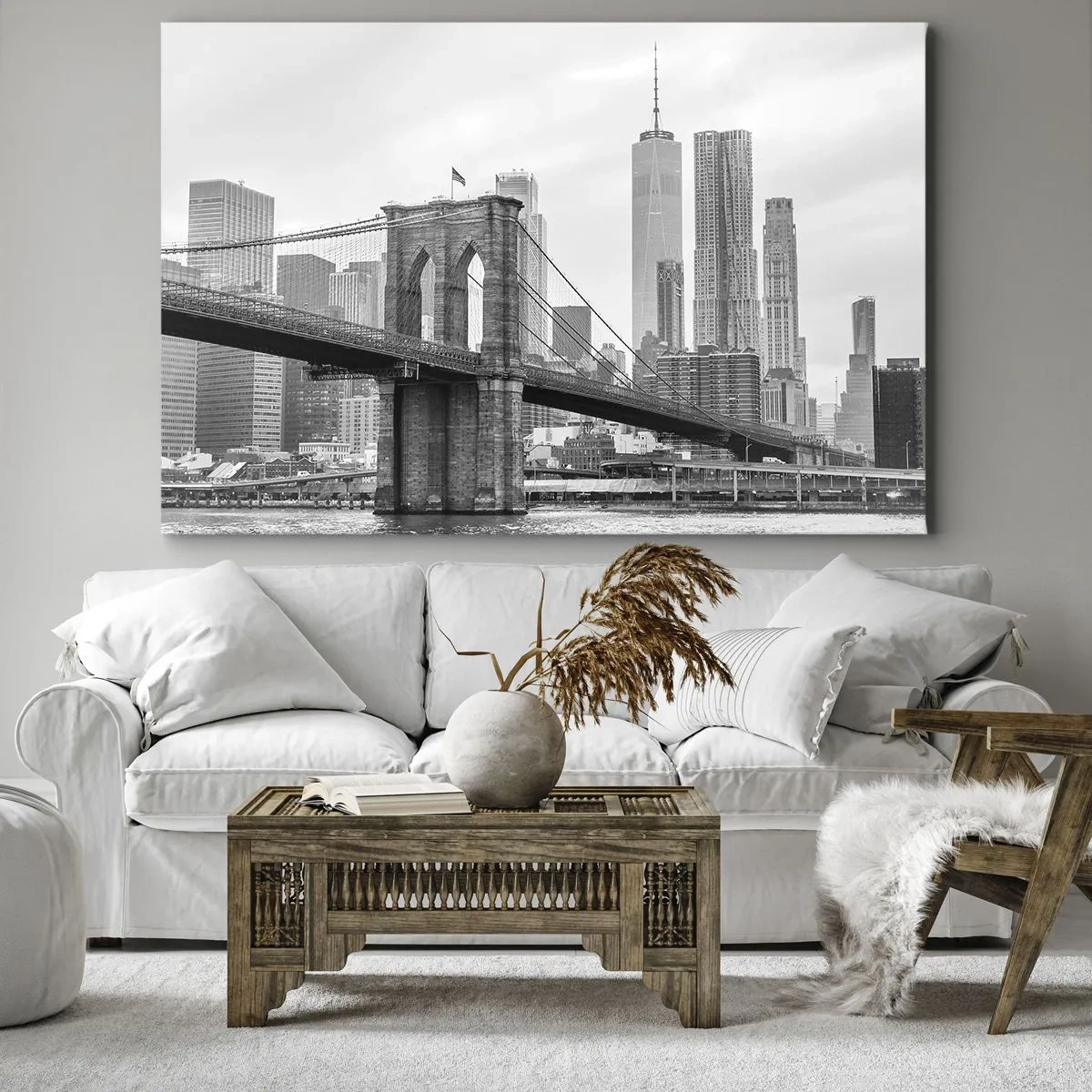 Bild auf Leinwand - Leinwandbild - Brooklyn Bridge mit New Yorker Wolkenkratzern im Hintergrund - 70x50cm - New Yorker Atmosphäre - Moderne Wanddekoration für Wohnzimmer und Schlafzimmer ARTTOR