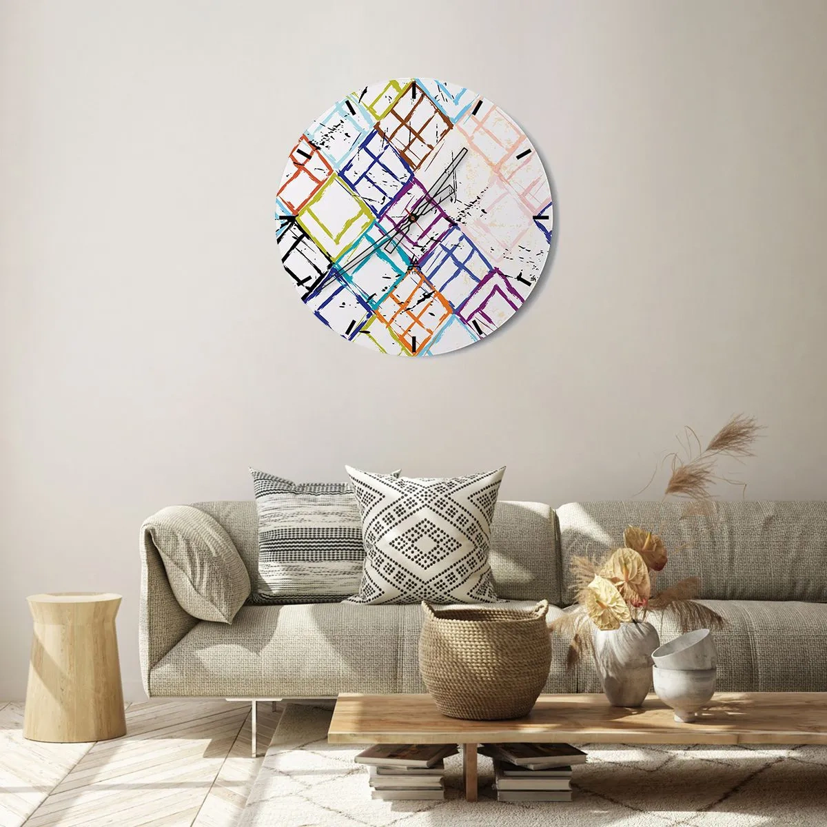 Wanduhr - Glasuhr - Bunte abstrakte Linien bilden geometrische Formen - 30x30cm - Zellen zu vermieten - Moderne Wanddekoration für Wohnzimmer, Küche und Schlafzimmer ARTTOR