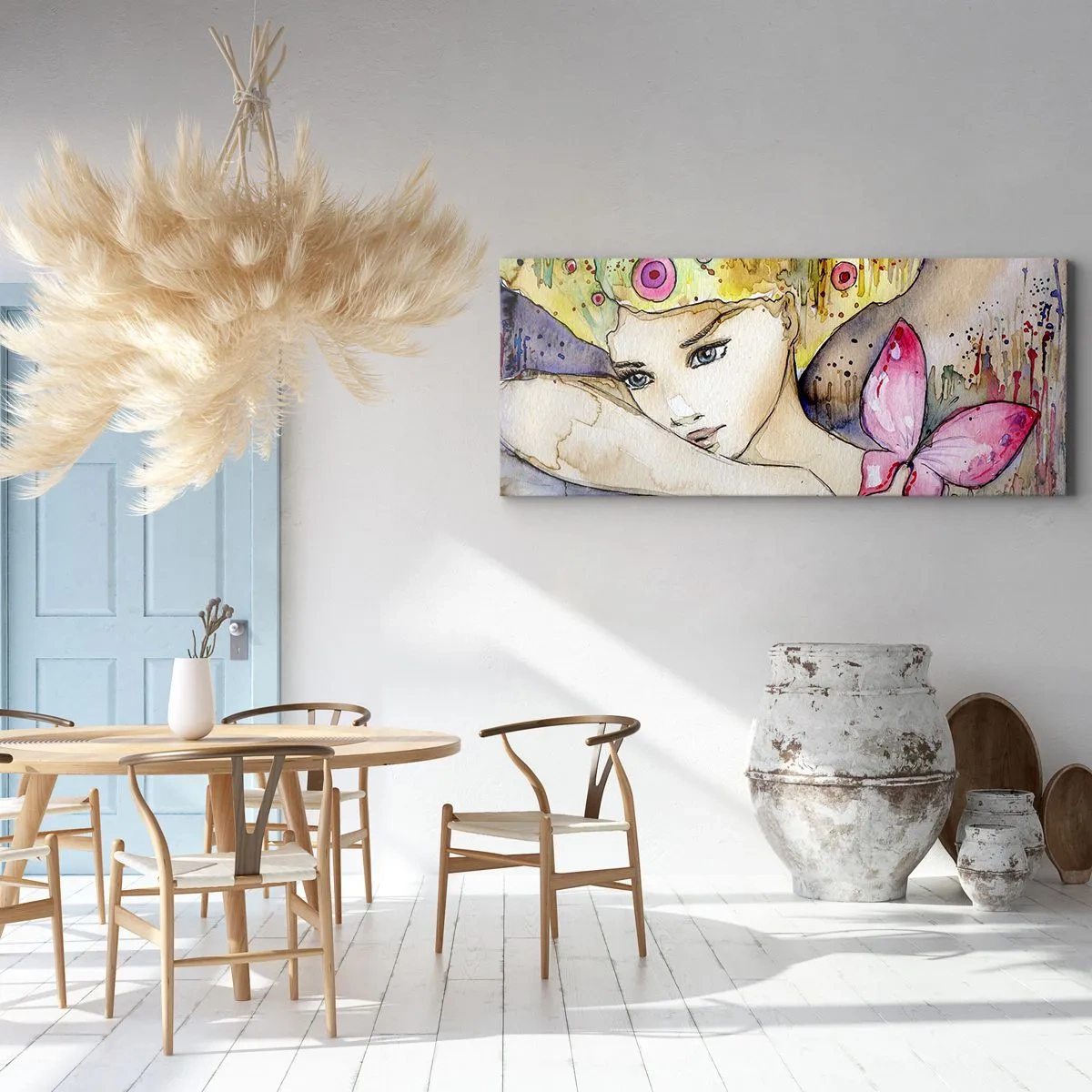 Bild auf Leinwand - Leinwandbild - Eine Frau mit abstrakter Frisur und einem rosa Schmetterling - 160x50cm - Schmetterlingsprinzessin - Moderne Wanddekoration für Wohnzimmer und Schlafzimmer ARTTOR