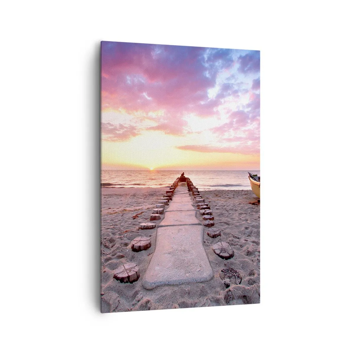 Bild auf Leinwand - Leinwandbild - Sunrise Beach mit Boot und Pier - 80x120cm - Ein Moment tiefer Erfahrung - Moderne Wanddekoration für Wohnzimmer und Schlafzimmer ARTTOR