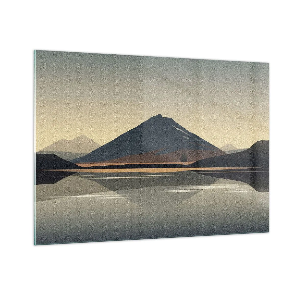 Glasbild - Bild auf glas - Berge und See in warmen Tönen mit reflektierendem Effekt - 100x70cm - Spiegelreflexion - Moderne Wanddekoration für Wohnzimmer und Schlafzimmer ARTTOR