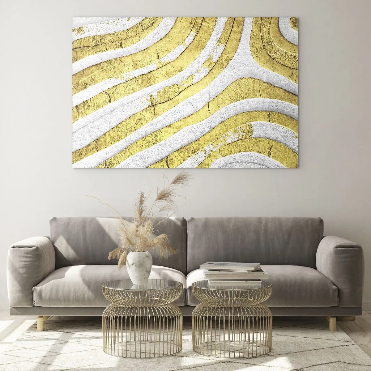 Glasbild - Bild auf glas - Abstrakte goldene und weiße Wellen mit einem Struktureffekt - 70x50cm - Komposition in Weiß und Gold - Moderne Wanddekoration für Wohnzimmer und Schlafzimmer ARTTOR