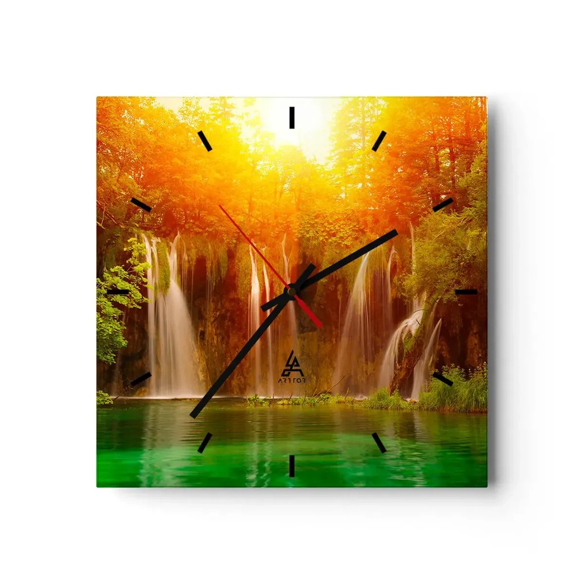 Wanduhr - Glasuhr - Wasserfälle umgeben von Grün im Schein der untergehenden Sonne - 30x30cm - In der Sonne und im Schatten - Moderne Wanddekoration für Wohnzimmer und Schlafzimmer ARTTOR